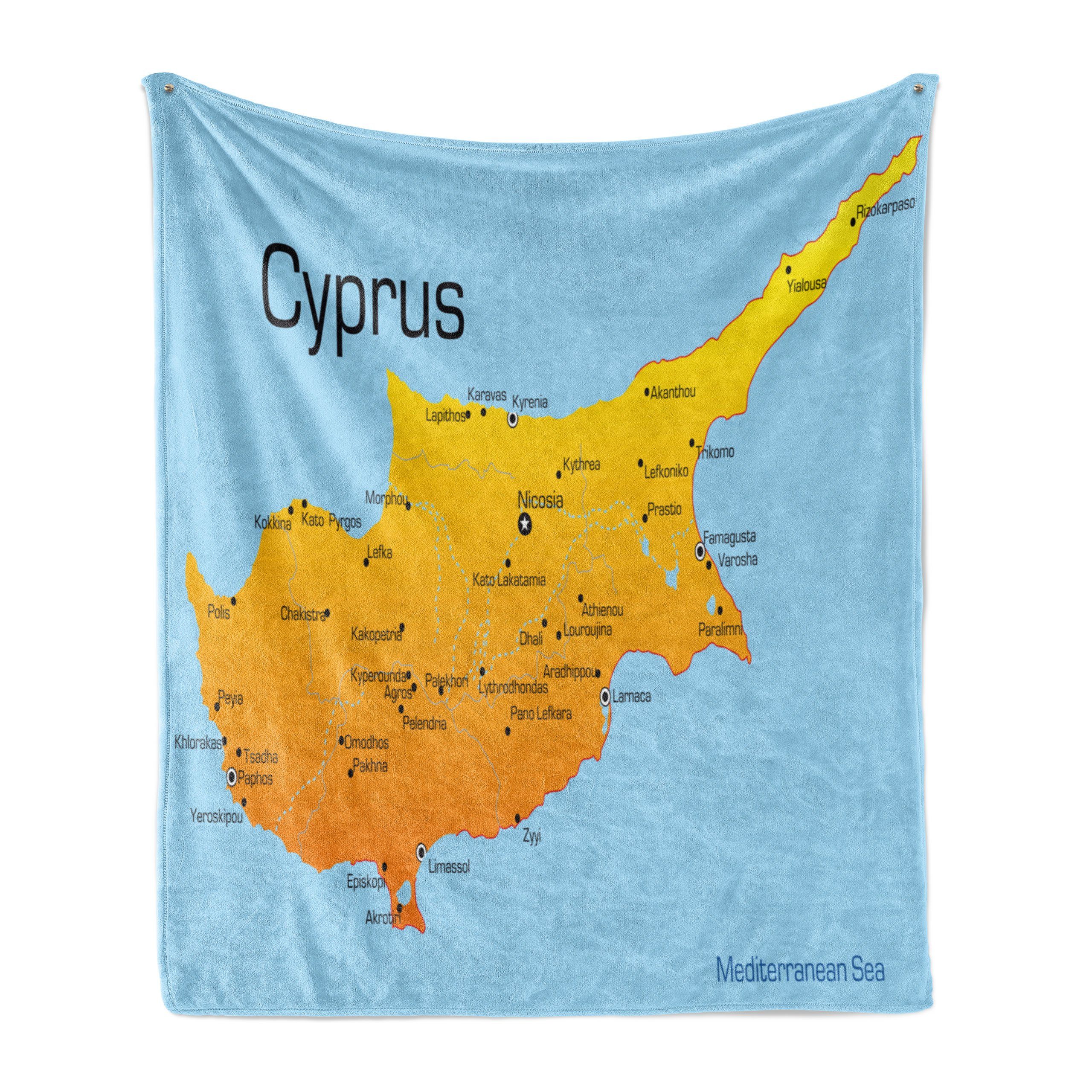 Wohndecke Gemütlicher Plüsch für den Innen- und Außenbereich, Abakuhaus, Zypern Insel-Karte mit Städtenamen