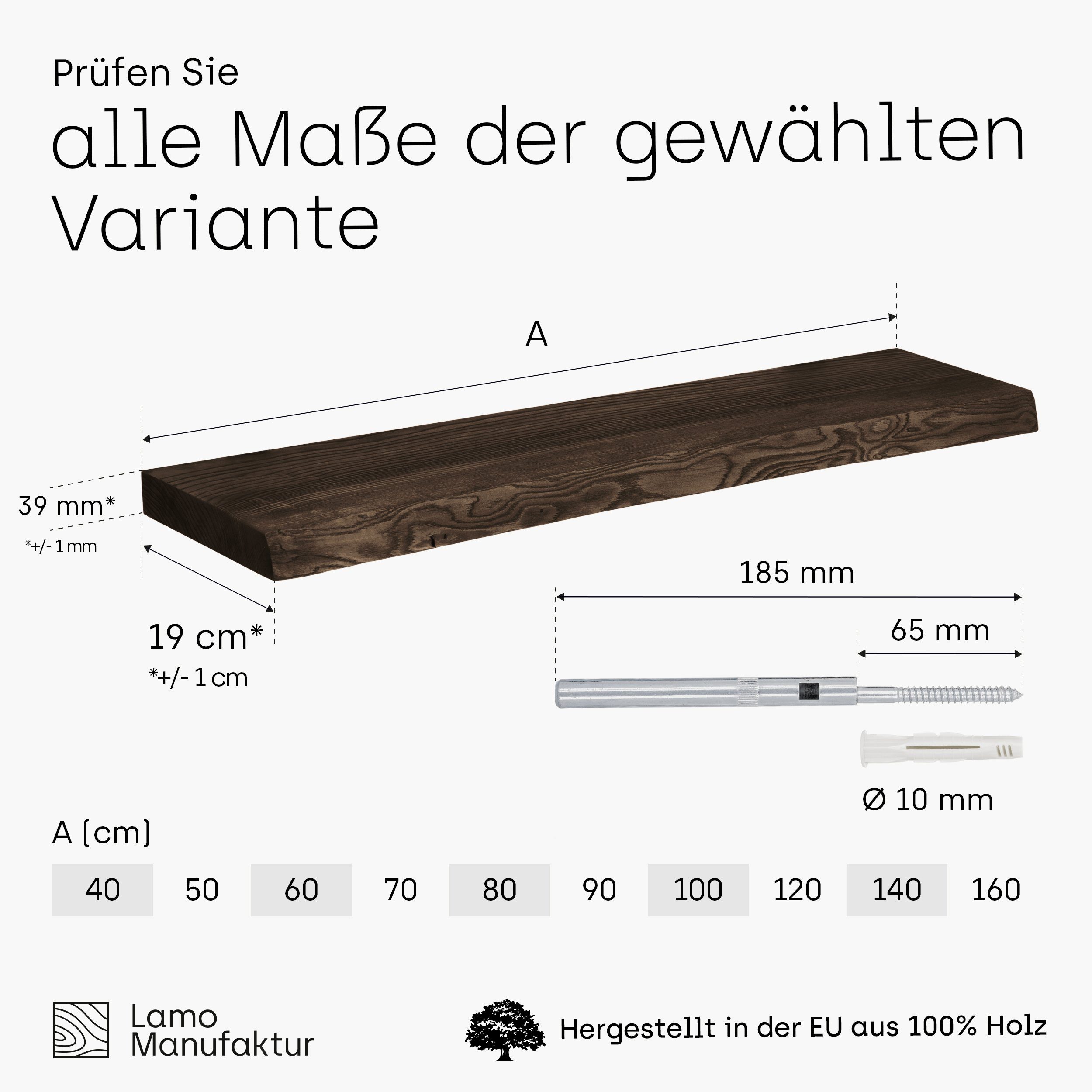 LAMO stake Dübel, Wandregal Schwarz Massivholzplatte Manufaktur Komplett-Set, Würth mit Invisible 40mm