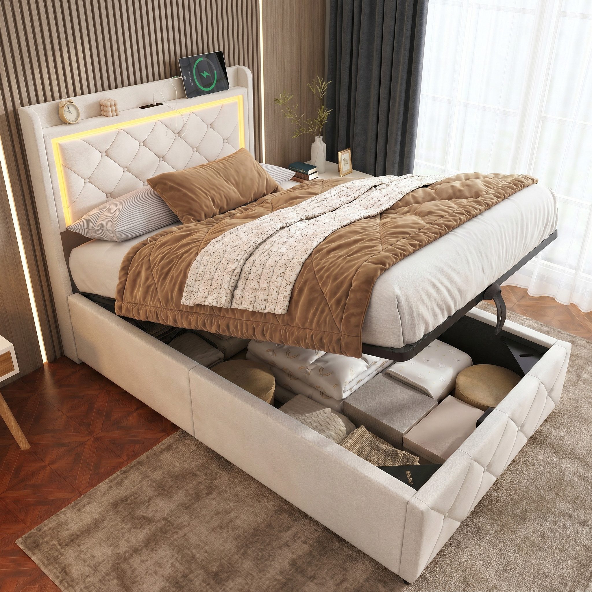 Gdood Polsterbett Stauraumbett mit LED Beleuchtung und Ladefunktion 90x200 cm (1-tlg., Modernes Jugendbett, Leises Design Bett), Jugendbett Hydraulisches Stauraumbett
