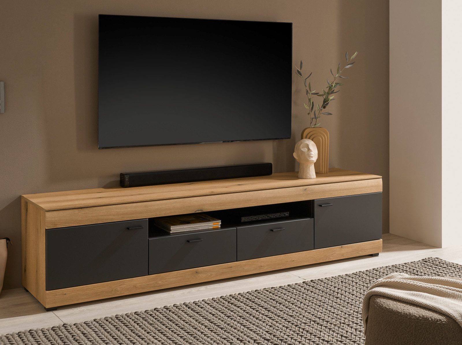 Furn.Design Lowboard Assina (XL Flat-TV Unterschrank in Eiche Evoke und Graphit Grau, Breite 200 cm, bis ca. 75 Zoll), mit Soft-Close-Funktion – Bild 3 von 5