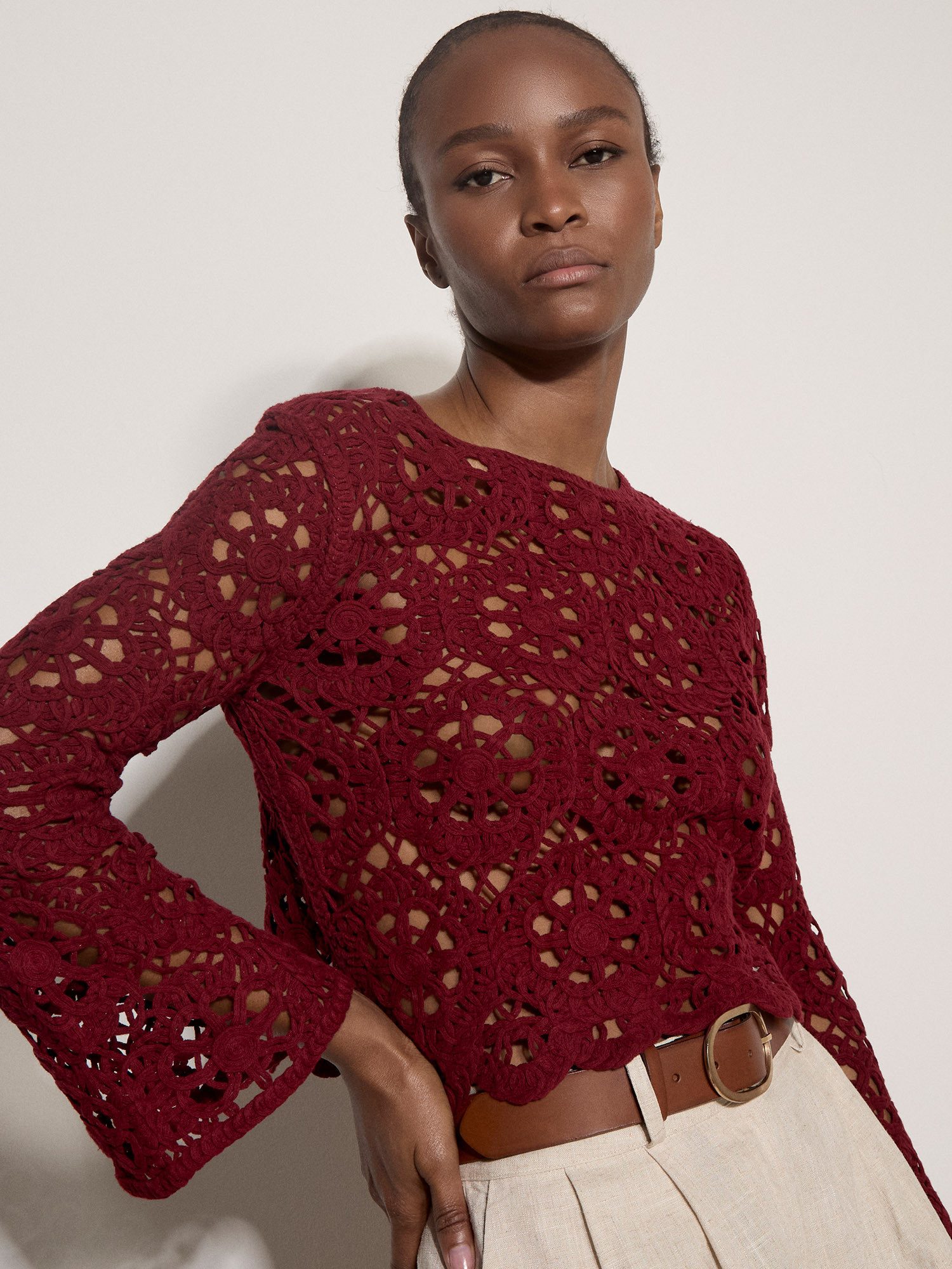 Apricot Spitzenshirt Boho-Häkeloberteil mit Blumenmuster Häkelverzierungen