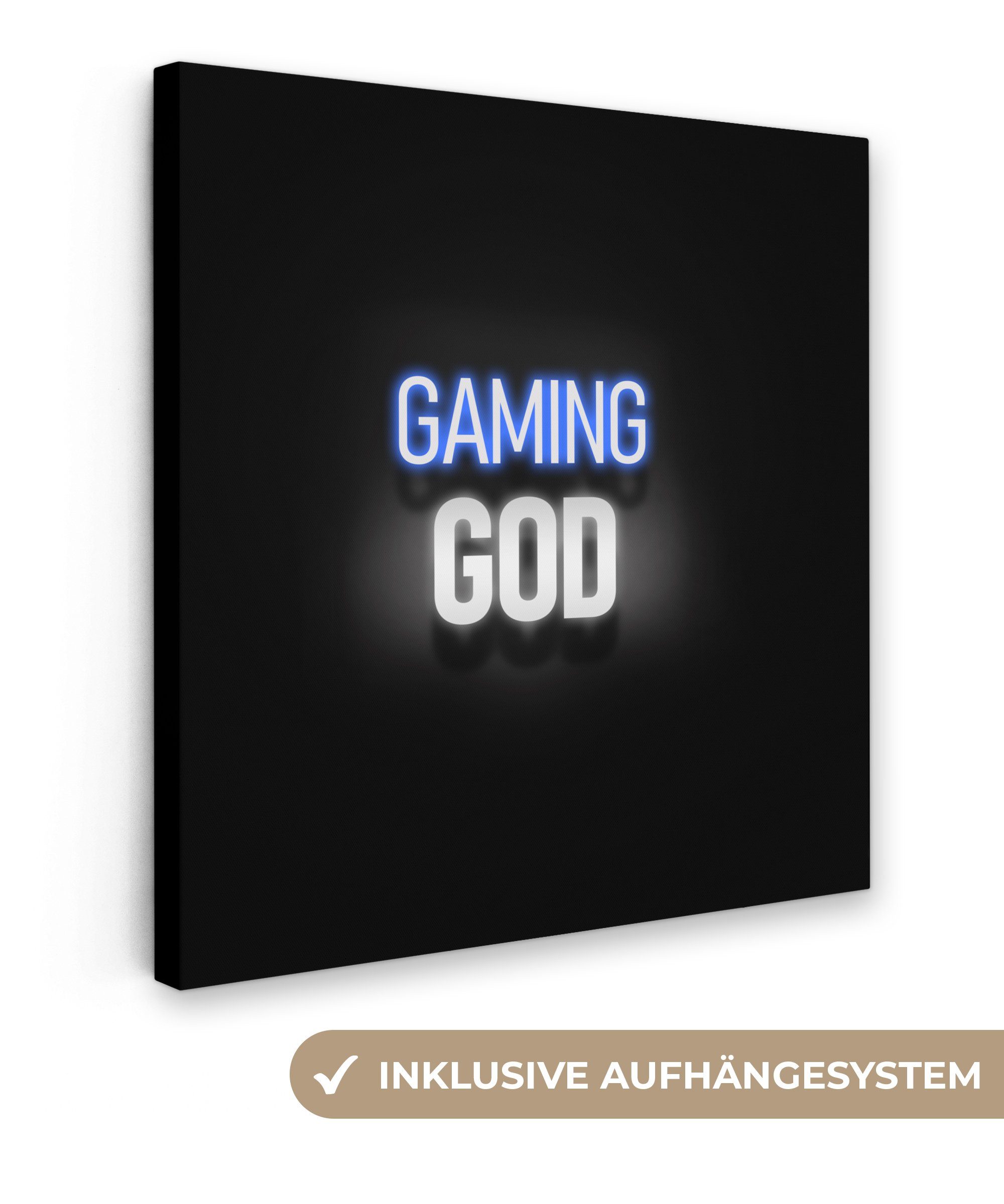 OneMillionCanvasses® Leinwandbild Gaming - Sprichwörter - Gaming-Gott - Schwarz - Neon, Fotodruck (1 St), Gaming Bilder, Wandbild Gamingzimmer, Deko Wandbilder Gamer 20x20 cm