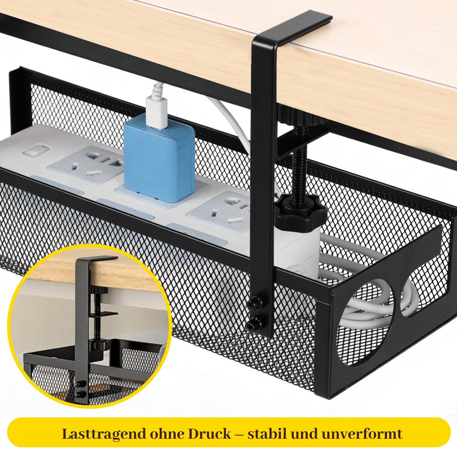 BlingBin Kabelkanal Kabel-Management-Tablett unter dem Schreibtisch, ohne Bohren (1 Stück, 1-St., 39 x 12 x 7 cm), Kabelkorb zum Verwalten von Kabeln und Steckdosenleisten