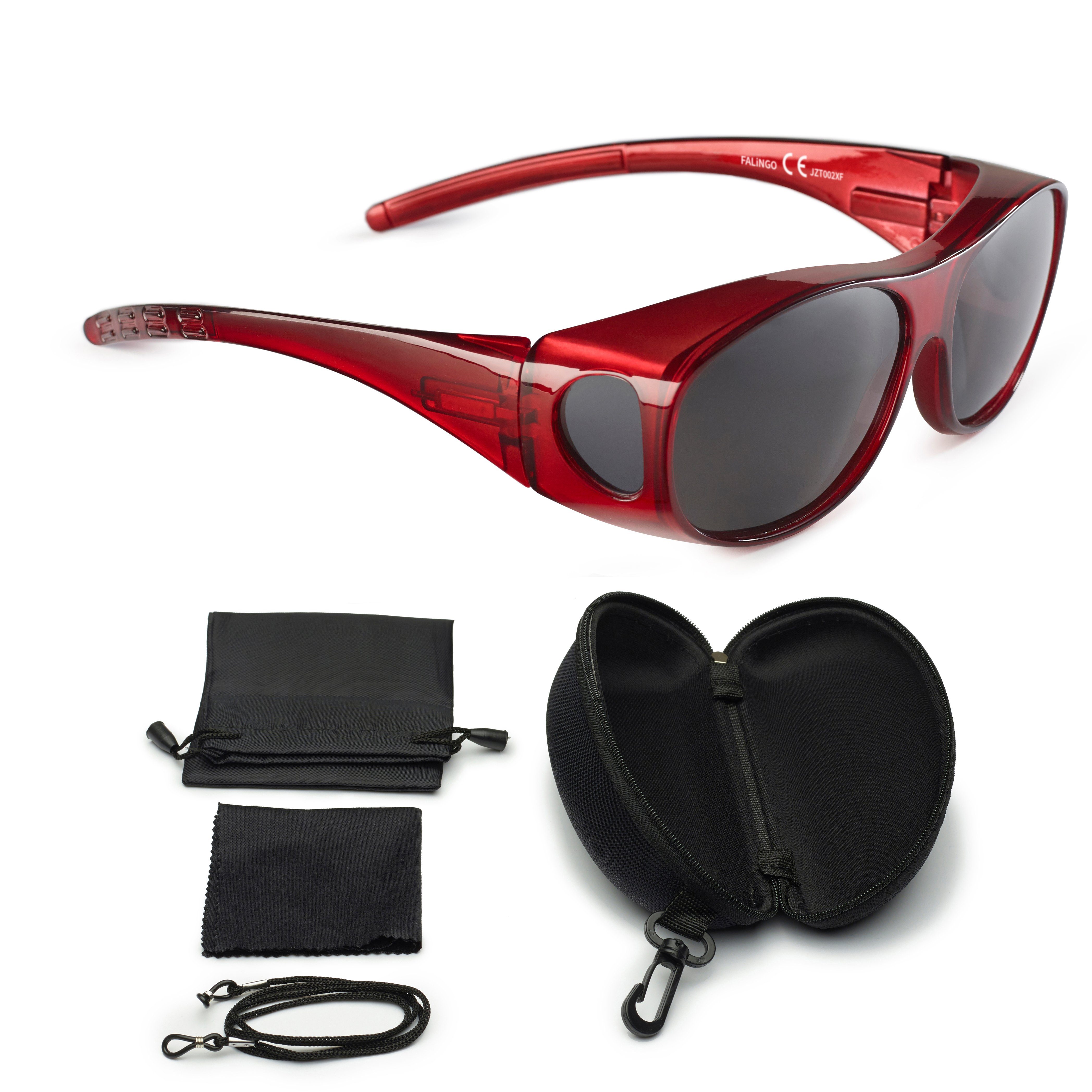 FALINGO Sonnenbrille Sonnenüberbrille Überzieh Sonnenbrille Überbrille Überziehbrille FLEXI EDITION polarisiert UV 400 Rot