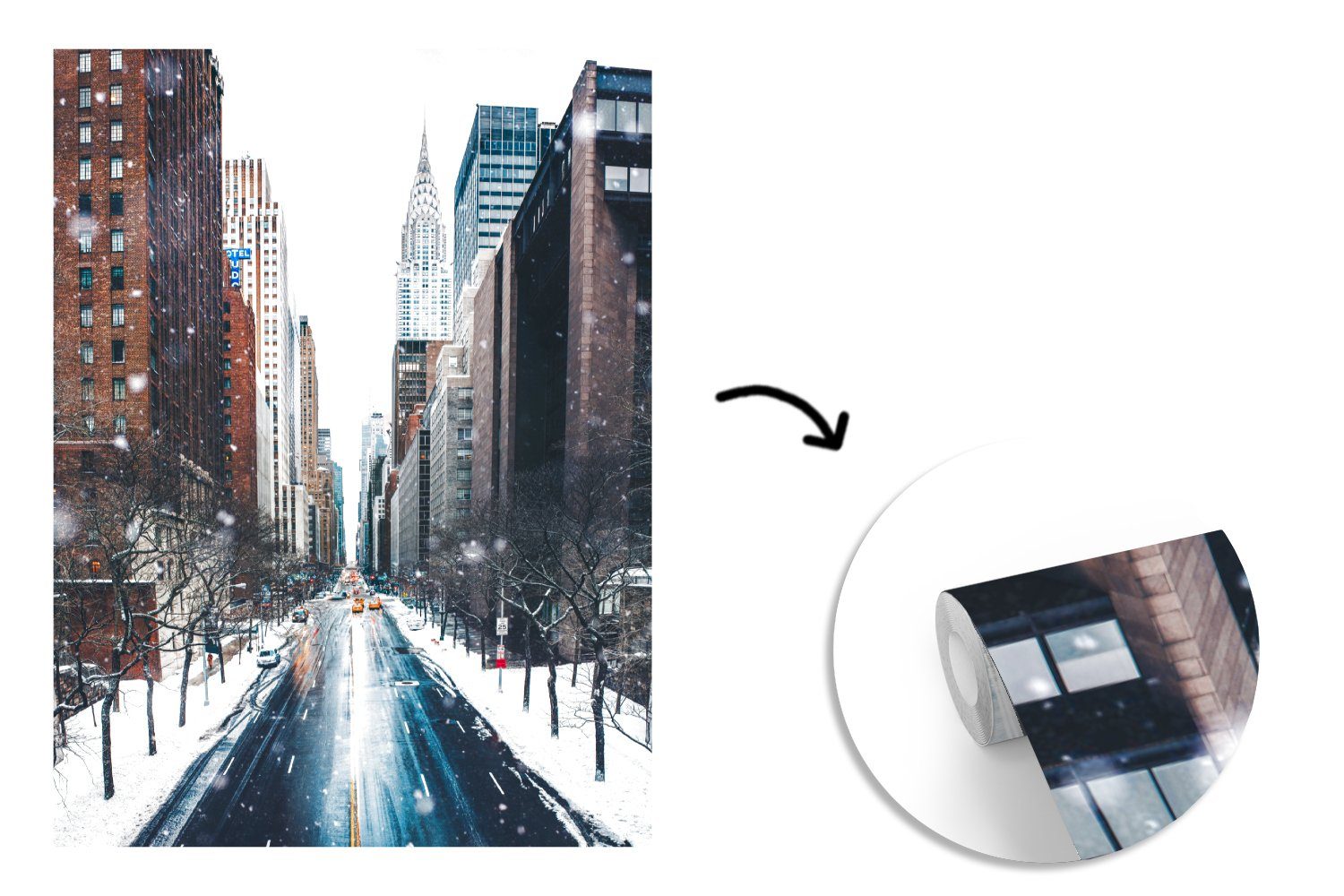 Schnee Matt, - Wandtapete bedruckt, - Tapete MuchoWow - Vinyl - York Winter Montagefertig Straße, Fototapete (4 Wohnzimmer, für St), Manhattan New