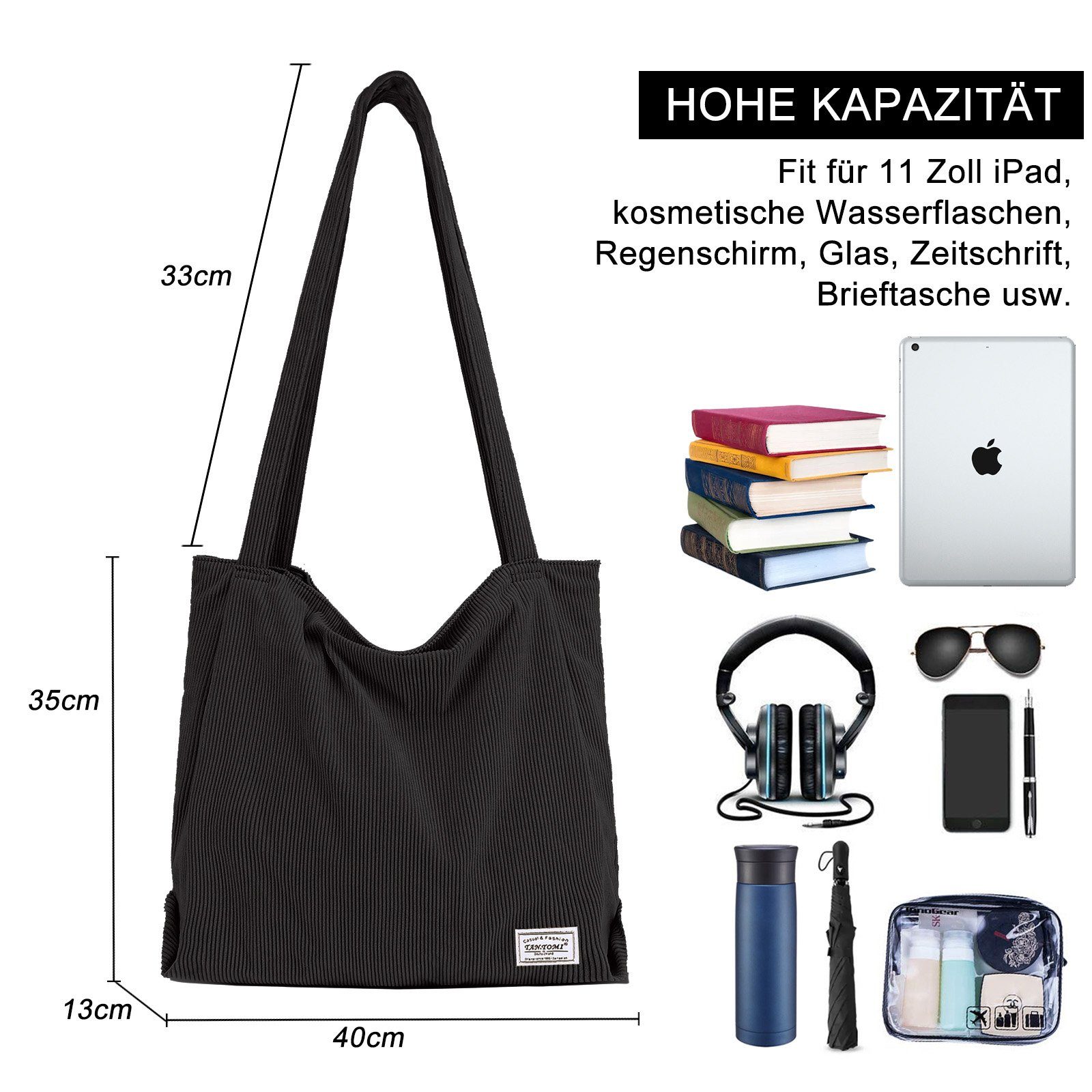 Cordtasche mit Damenhandtasche, Tasche Henkeltasche Reißverschluss-Einkaufstasche Damen, Schwarz Handtasche, TAN.TOMI