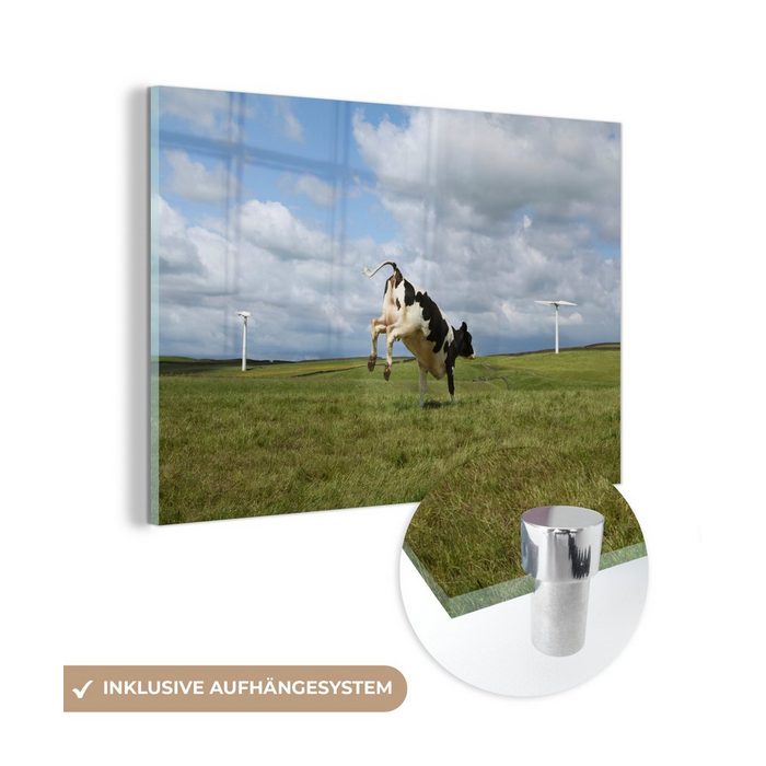 MuchoWow Acrylglasbild Kuh - Windmühle - Wolken (1 St) Glasbilder - Bilder auf Glas Wandbild - Foto auf Glas - Wanddekoration SY12373