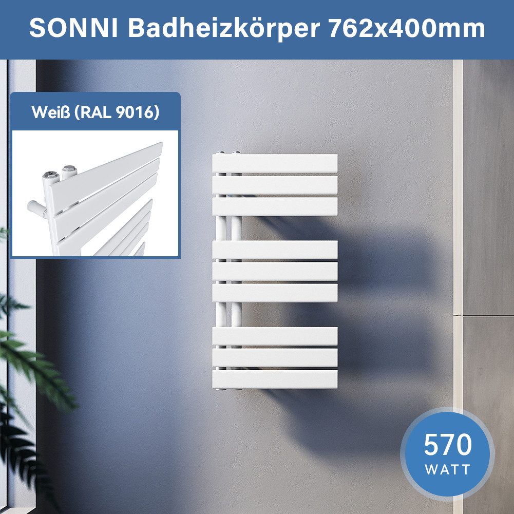 SONNI Badheizkörper Badheizkörper Weiß Heizkörper Design Handtuchtrockner Bad Warmwasser, ohne/mit Multiblock, flach, Mittelanschluss seitlich