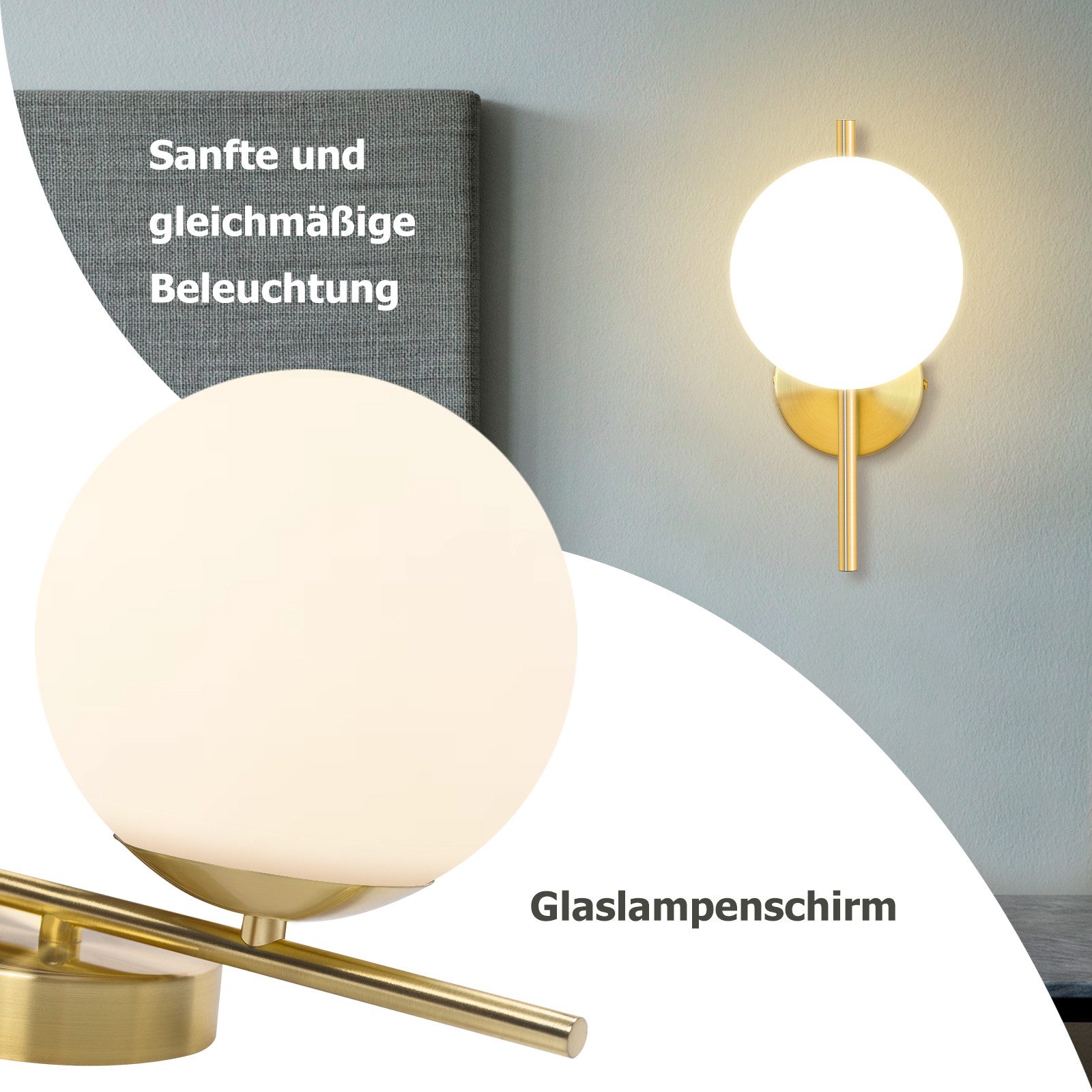 Nettlife Wandleuchte Innen Schlafzimmer Vintage Gold Glas Nachttischlampe Treppenhaus, ohne Leuchtmittel, Wandbeleuchtung für Flur Wohnzimmer Wall Bett