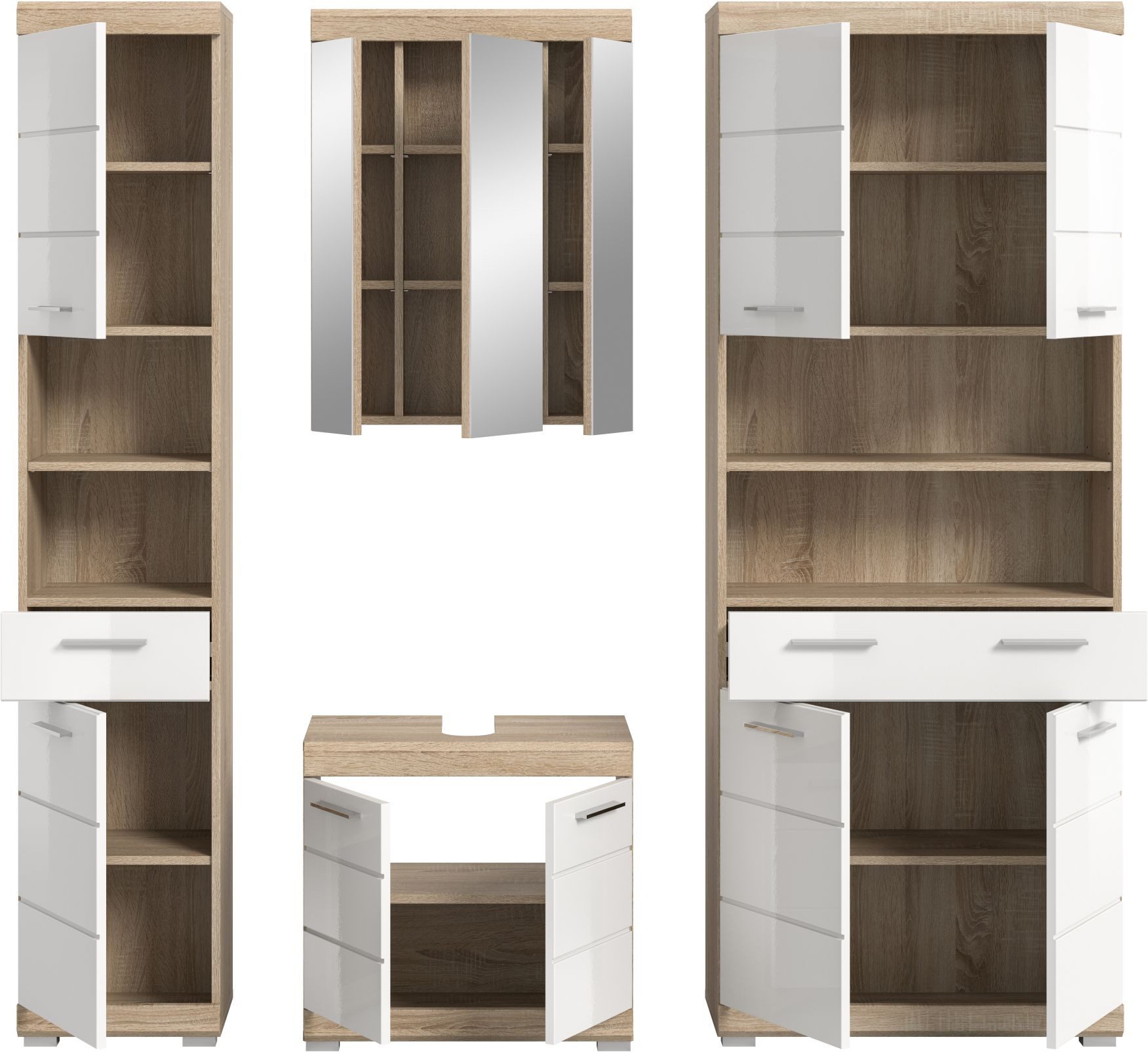 xonox.home Badmöbel-Set, (4tlg. Set inkl. Hochschrank, WBU, Spiegelschrank, Bad Midischrank), Sonoma Eiche Hell Weiß Hochglanz Melamin Modern 186x191x34 cm