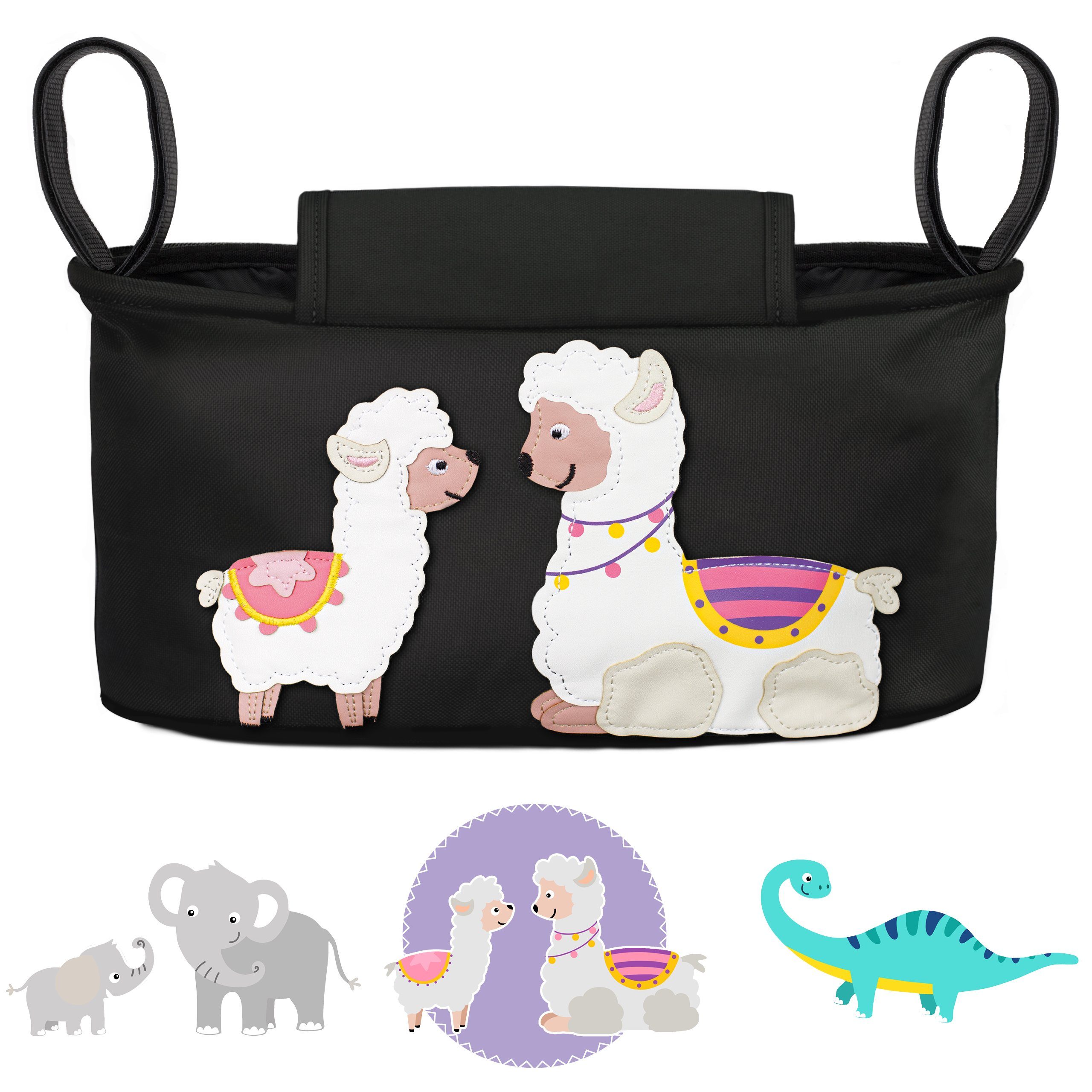 GLÜCKSWOLKE Kinderwagen-Tasche in Grau oder Schwarz I 6 Motive I Kinderwagentasche & Buggy Organizer, Kinderwagen Tasche mit Getränkehalter und Feuchttücherfach
