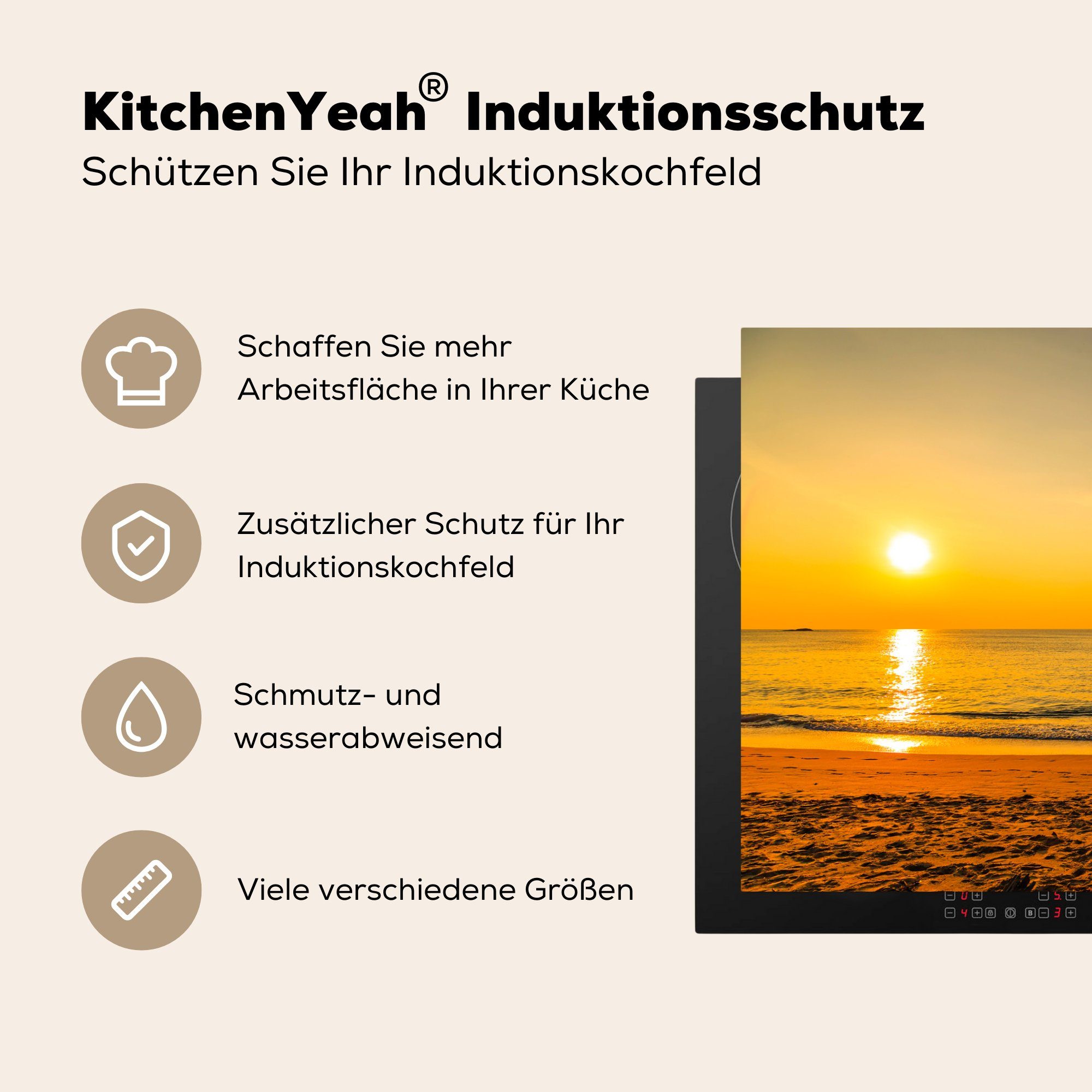 küche, - Meer, die Induktionskochfeld 81x52 - Strand cm, tlg), (1 - für Herdblende-/Abdeckplatte Ceranfeldabdeckung Vinyl, Sonnenuntergang MuchoWow Palme Schutz