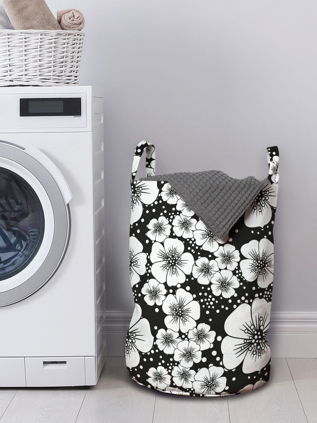 Wäschekorb Jahrgang Wäschesäckchen Griffen für Abakuhaus Waschsalons, mit Monochrome Apple-Blüten Kordelzugverschluss