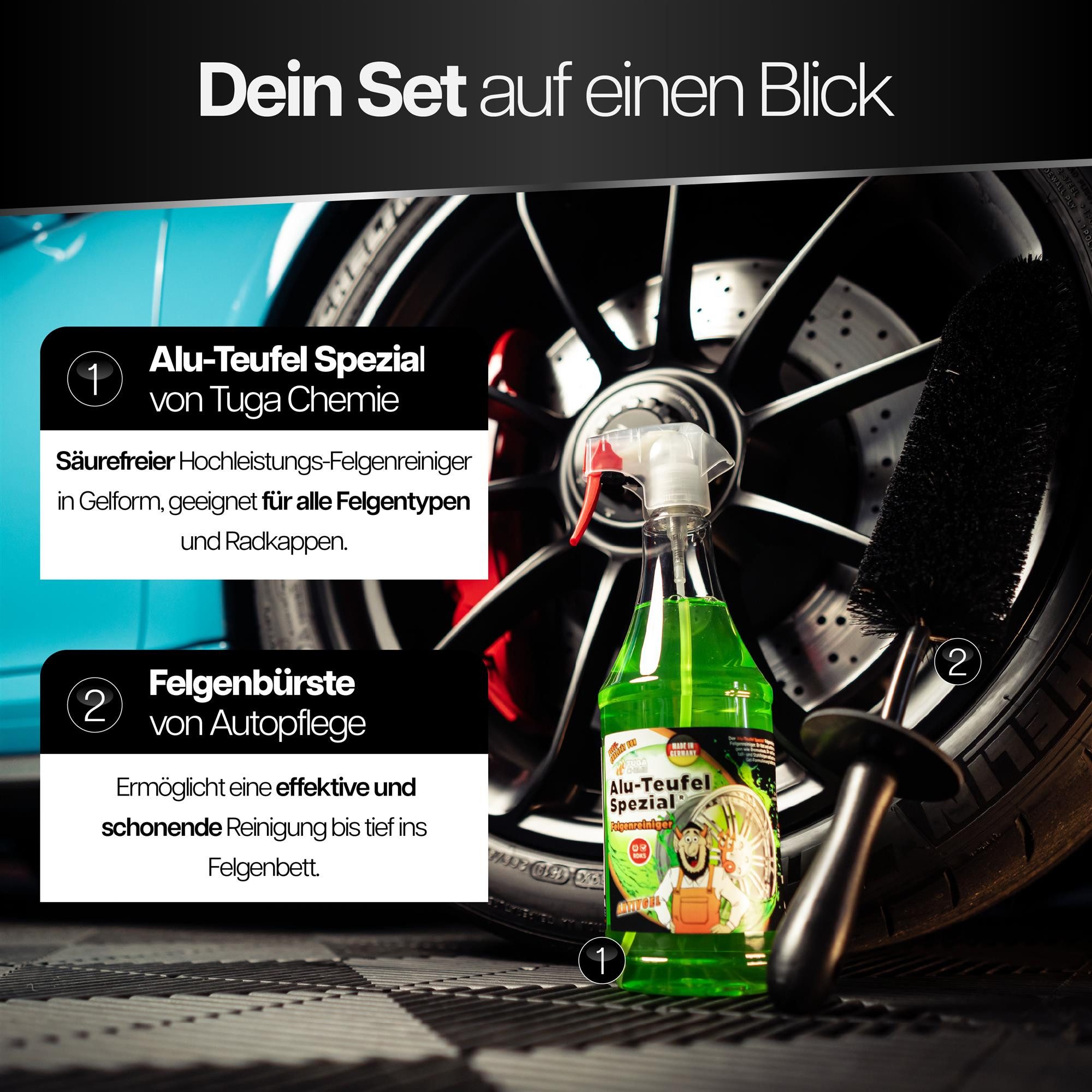 autopflege Felgenreiniger Set Tuga Alu Teufel Spezial 1 lLiter Felgenreiniger (2-St. + Felgenbürste lang, Felgenpflege, Alufelgen Reiniger)