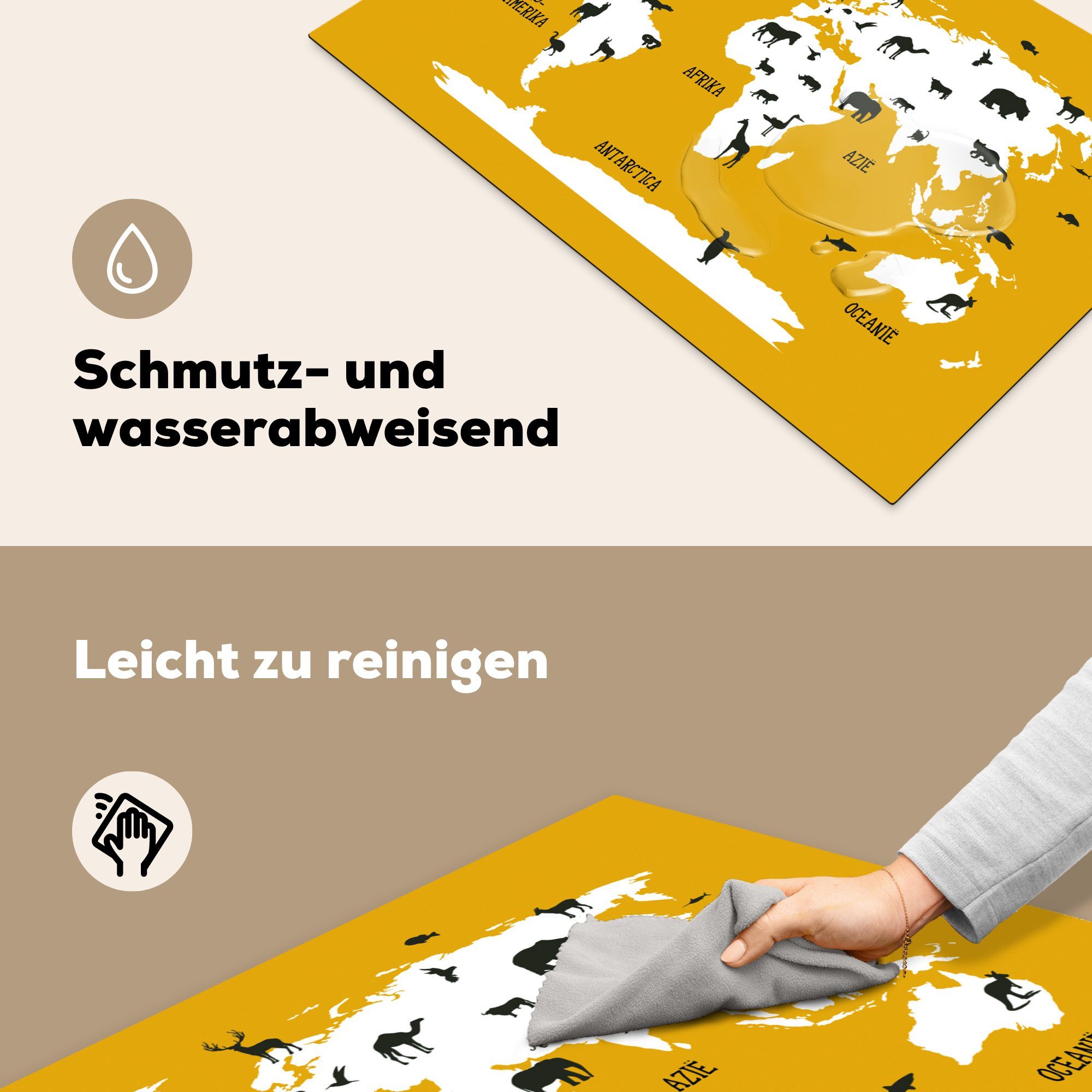 MuchoWow Herdblende-/Abdeckplatte Weltkarte Kinder - Gelb, tlg), (1 Vinyl, 81x52 für die Induktionskochfeld Schutz Ceranfeldabdeckung cm, küche, - Tiere