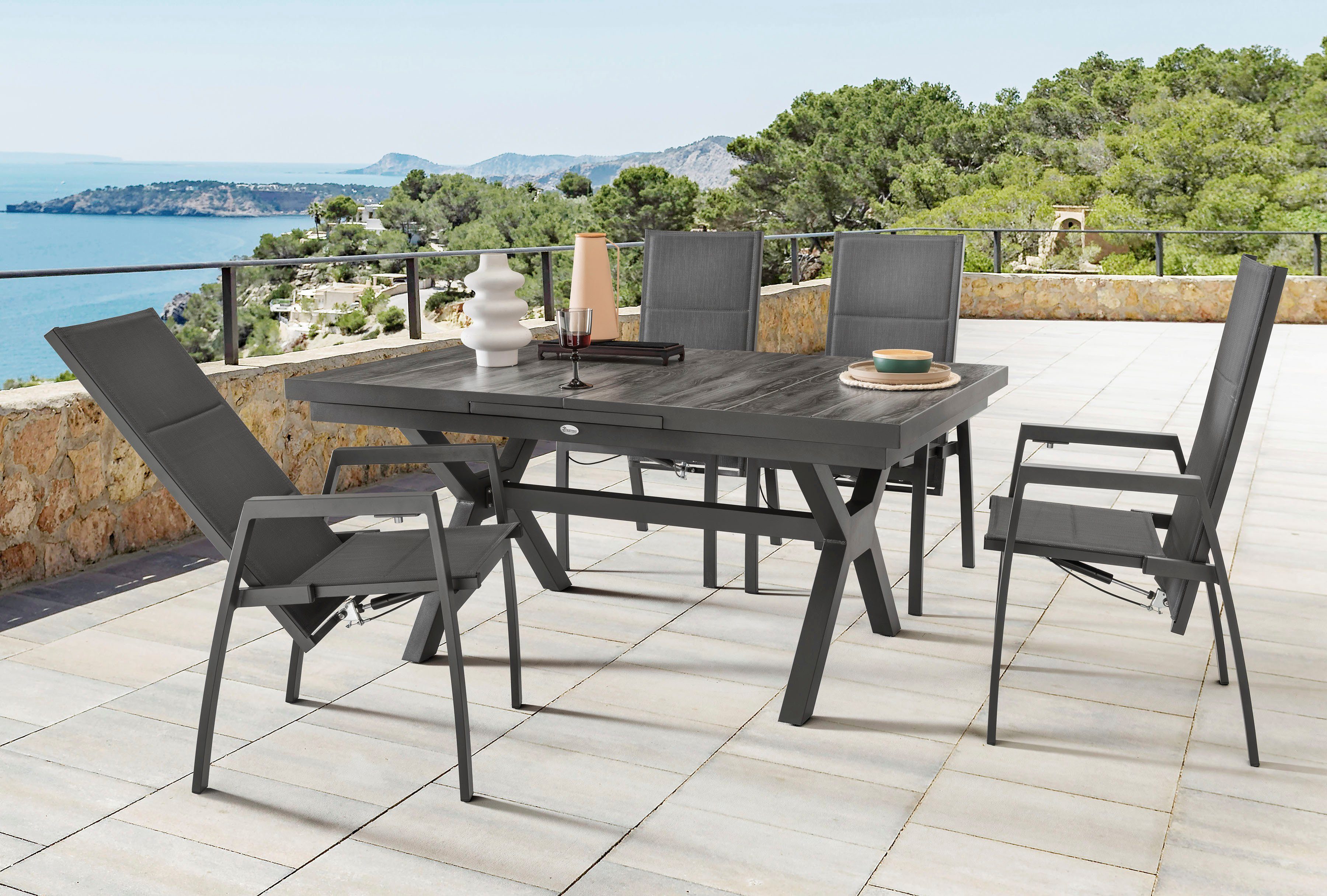 Destiny Garten-Essgruppe COSTA GARDA, (9-tlg), 4 Hochlehner Textilene, 1 Ausziehtisch 160/210x100 cm
