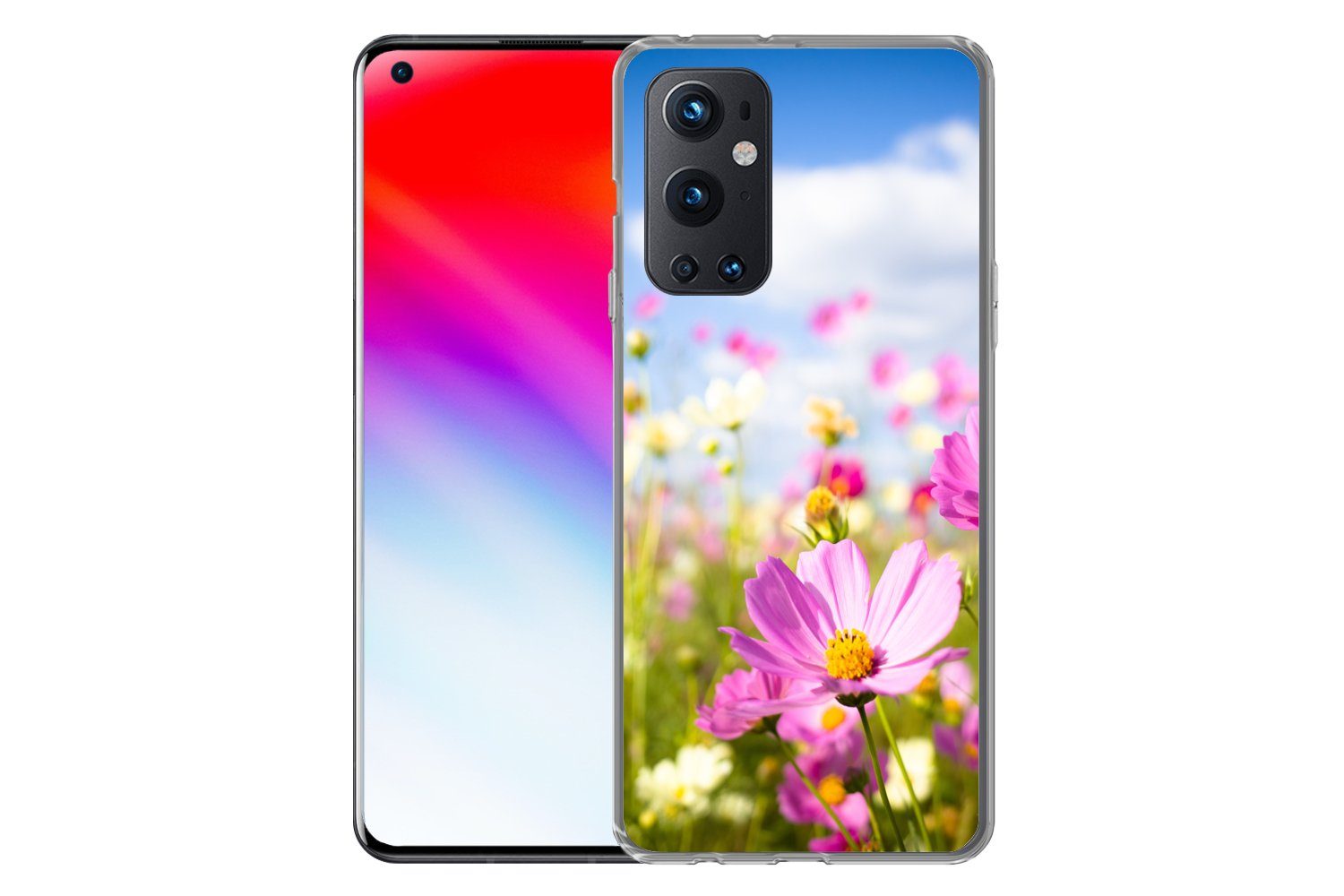 MuchoWow Handyhülle für OnePlus 9 Pro Blumen - Wiese - Lila - Gras - Weiß - Wolken - Blau, Phone Case, Silikon, Schutzhülle Dünn