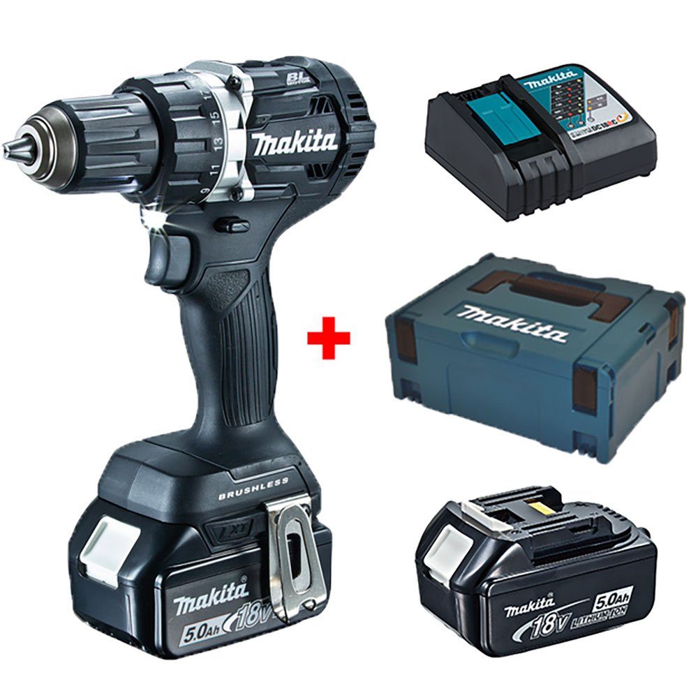 Makita Akku-Bohrschrauber DDF484RTJ, 18 V, max. 2000 U/min, (Komplett-Set, inkl. 2x 18 Volt 5.0 Ah Akku, Schnellladegerät und Makpac), Bürstenloser Motor, Doppel-LED