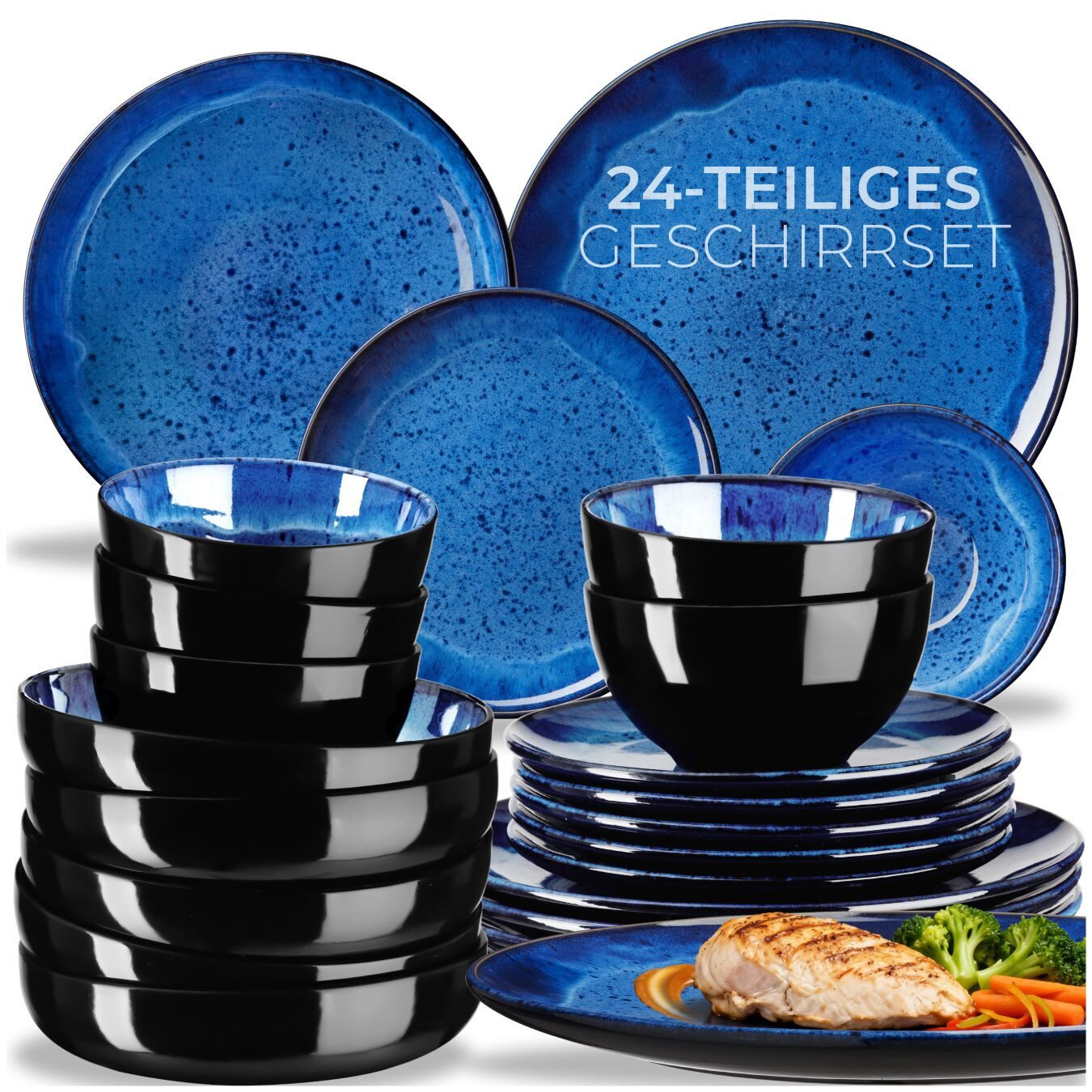 tectake Geschirr-Set Tafelservice (24-tlg), 6 Personen, Steingut, für 6 Personen, handgefertigt