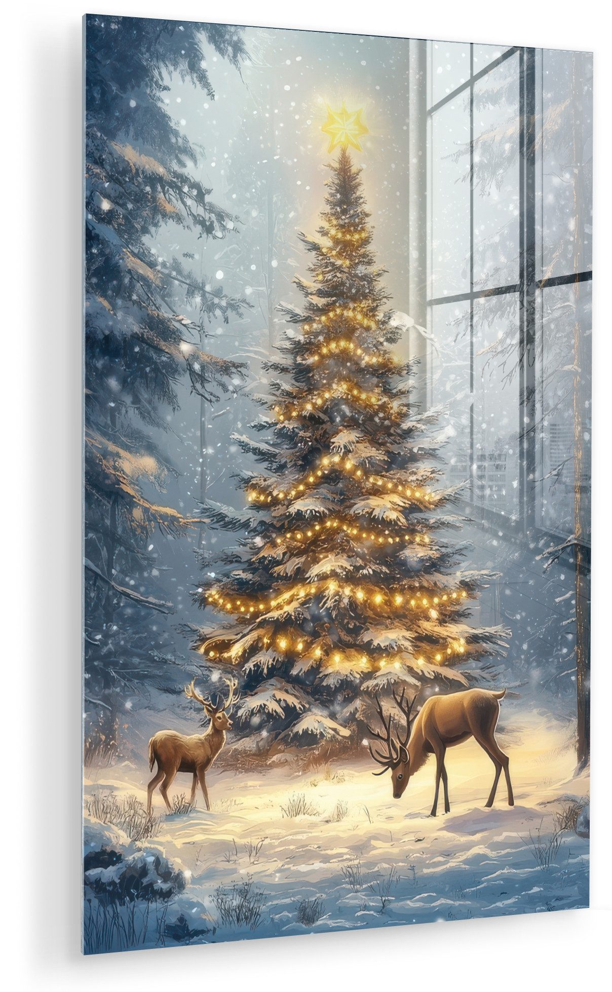 MuchoWow Acrylglasbild Weihnachtsbeleuchtung - Wald - Hirsche - Dunkelheit, Inkl. Aufhängung, Dekorative Bild für Küche & Wohnzimmer auf Glas, 20x30 cm