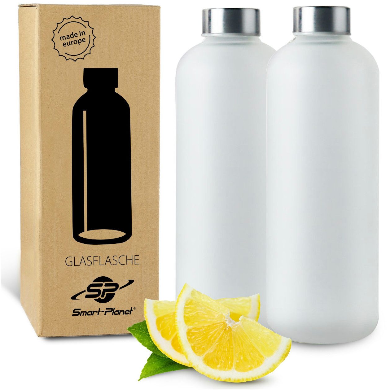 Smart-Planet Trinkflasche 2er SET Trinkflasche Glas 1L Glasflasche Milchglas Borosilikat, Borosilikatglas, Spülmaschinenfest