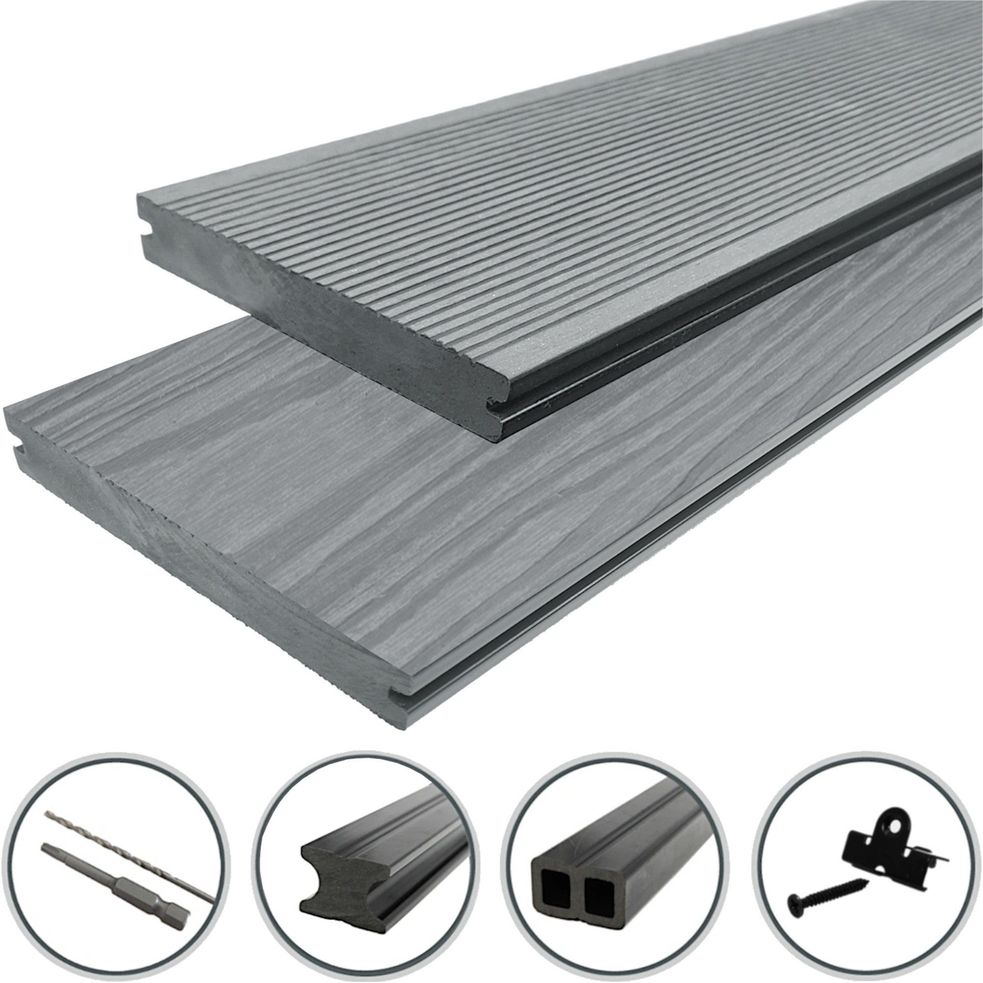 WPC Profi Terrassendielen Terrassen Komplettbausatz Steingrau Massiv 20mm Bausatz Set 2 - 60m², (Komplettset, mit Unterkonstruktion, Clips und Schrauben)