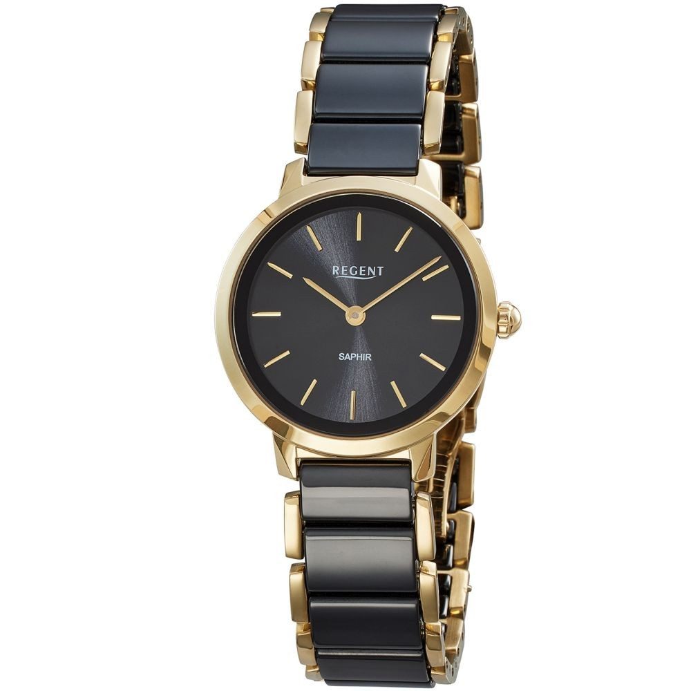 Regent Quarzuhr REGENT Damen Armbanduhr F1628 schwarz D. 30 mm Stahl- / Keramikband