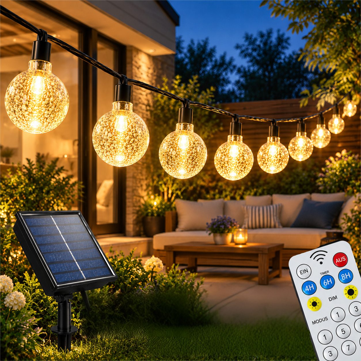 Toomoke LED Solarleuchte LED Solarleuchten,Garten Kugel Lichterkette,Außen Solar Gartenleuchte, 12M/39FT, 100LEDs Lichterkette, Warmweiß, mit Fernbedienung,für Camping, Garten und Partys