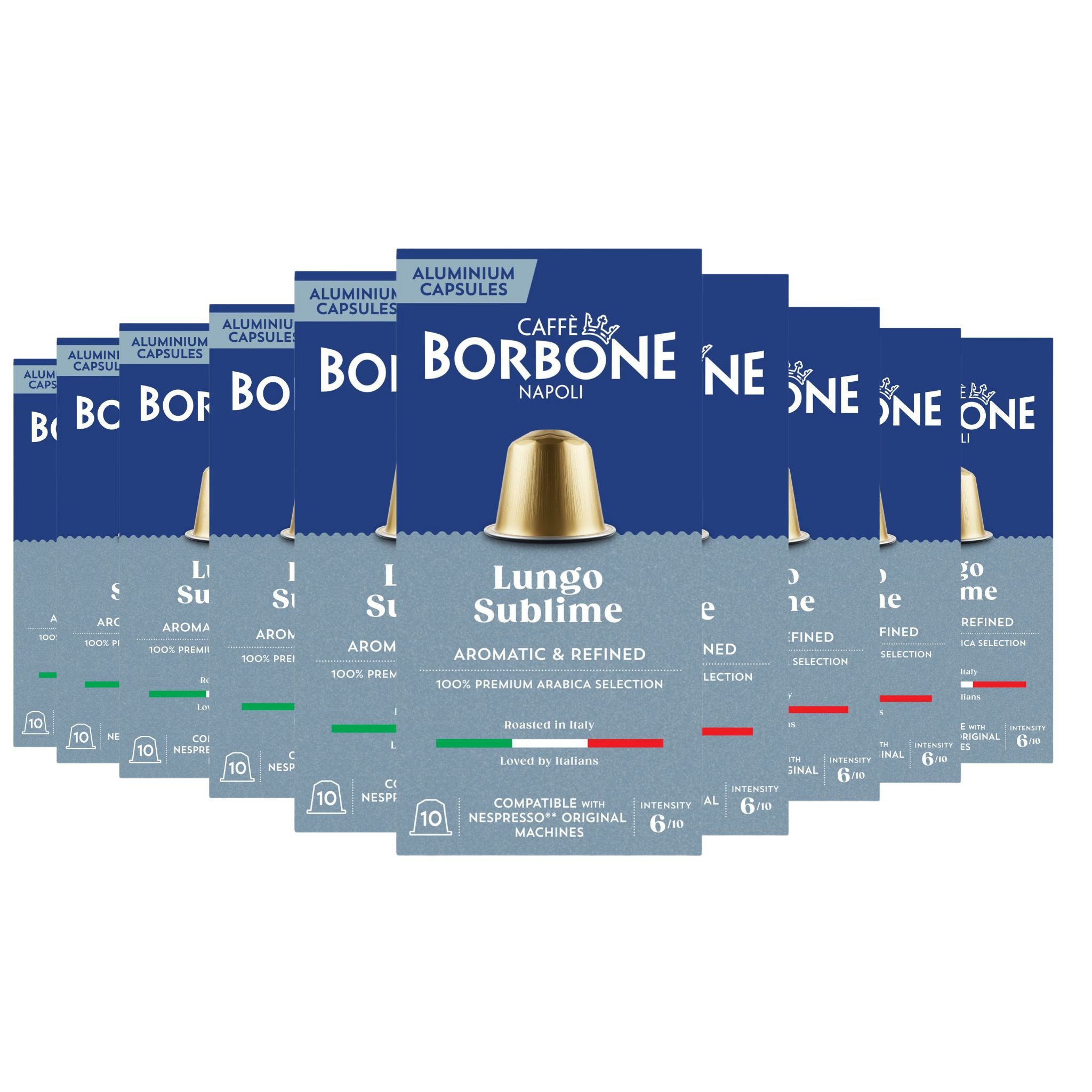 Caffè Borbone Kaffee Caffè Borbone Selection Lungo 100% Arabica – 100 Aluminium-Kapseln, (Noten von Kakao, Malzsirup und süßer Vanille, 10 x 10 Kapseln, Intensität 6/10, Ideal für 80-110 ml, Lungo Kaffee)