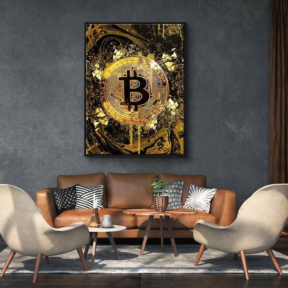 Börse Bitcoin DOTCOMCANVAS® Trading Crypto Motivation Leinwandbild mi Motiv weißer Rahmen Leinwandbild, Goldrush