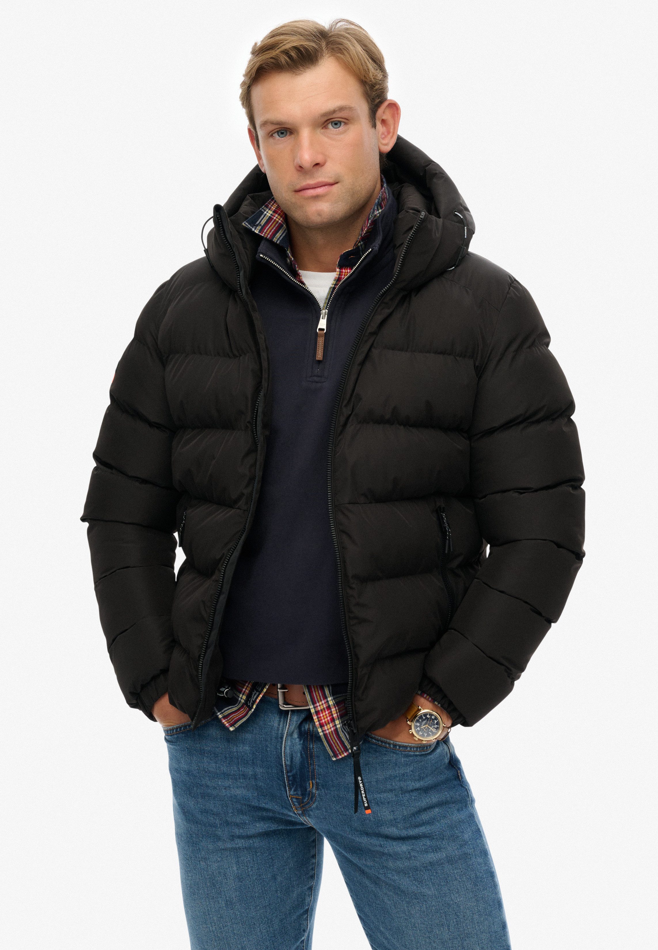 Superdry Steppjacke HOODED SPORTS PUFFER JACKET Kunstfaser, relaxed fit