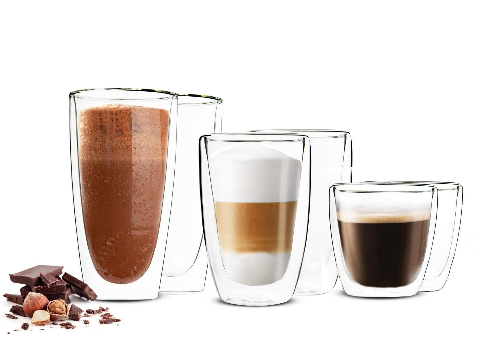 Sendez Thermoglas 6 Doppelwandige Gläser 2x450 2x200 2x90ml Kaffeegläser Thermogläser, 6-tlg., Glas