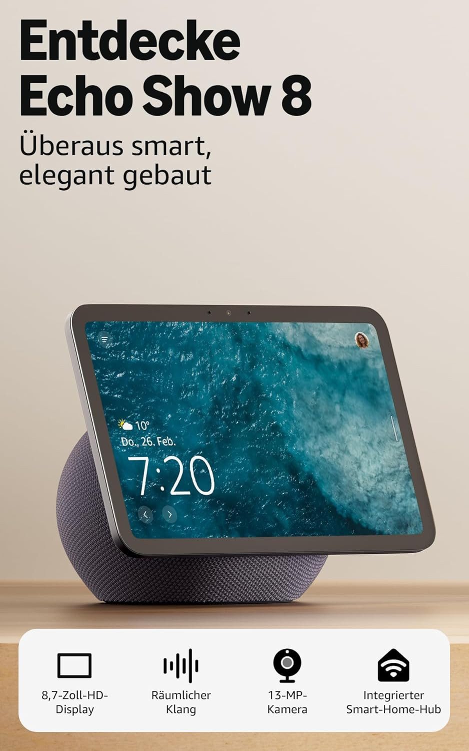 Amazon Echo Show 8 (neueste Generation) Alexa Lautsprecher (WLAN, Bluetooth, 30 W, brillantes 8,7-Zoll-Display in HD-Auflösung mit raumfüllendem 3D-Audio)