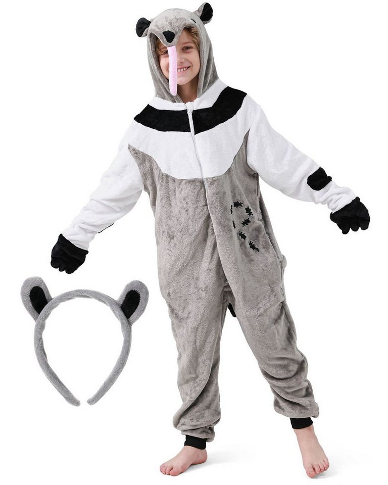 Corimori Jumpsuit Flauschiges Ameisenbär-Kostüm für Kinder, Karneval Fasching Kostüm (2-tlg) Jumpsuit, Pyjama, Fasching, Kigurumi, Tierkostüme, Ameisenbär "Elliot"