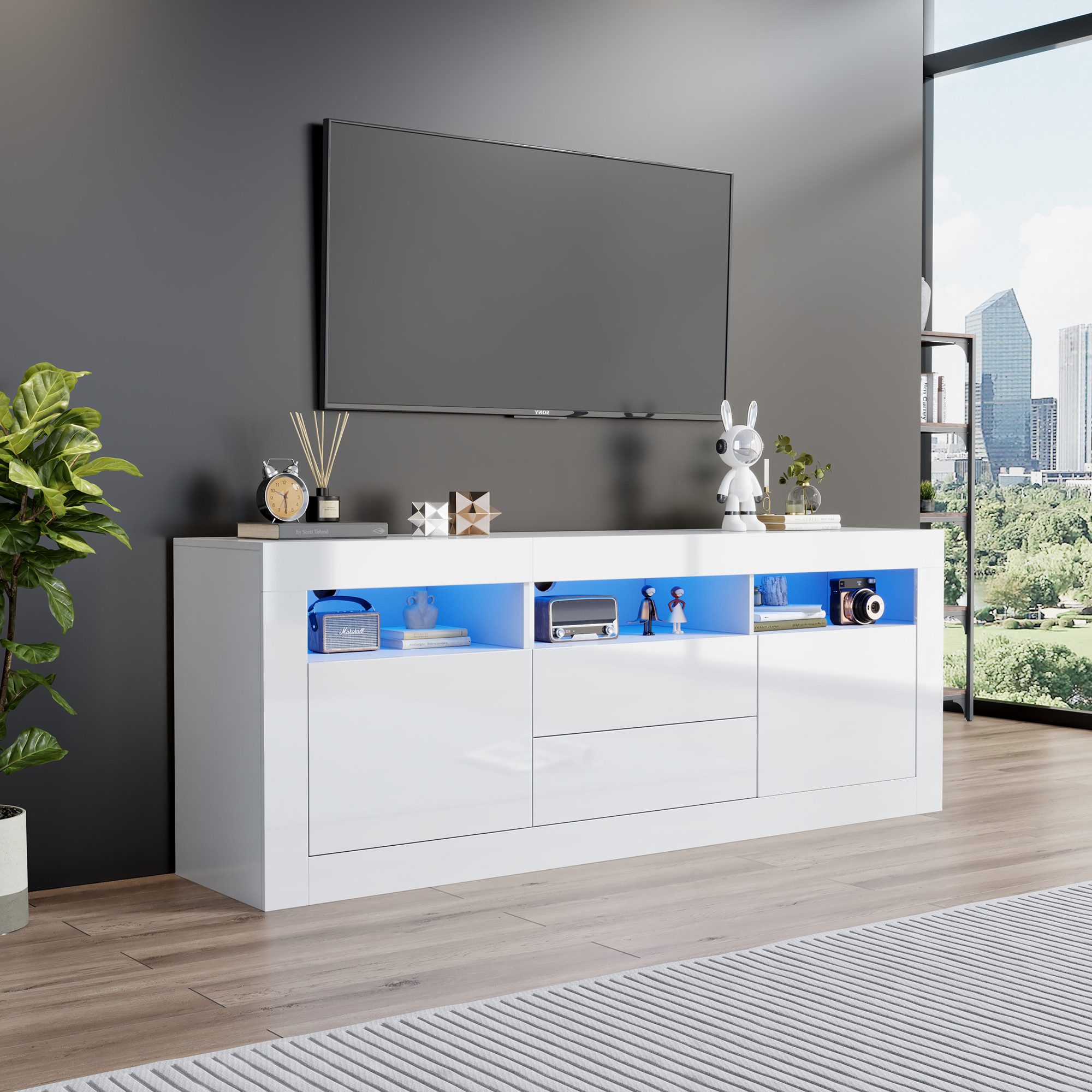 REDOM Lowboard Moderner Hochglanz-TV-Schrank mit LED-Beleuchtung (TV-Ständer für 70-Zoll-Fernseher, 3 offenen Fächern, 2 Türen, 2 Schubladen), mit LED-Beleuchtung