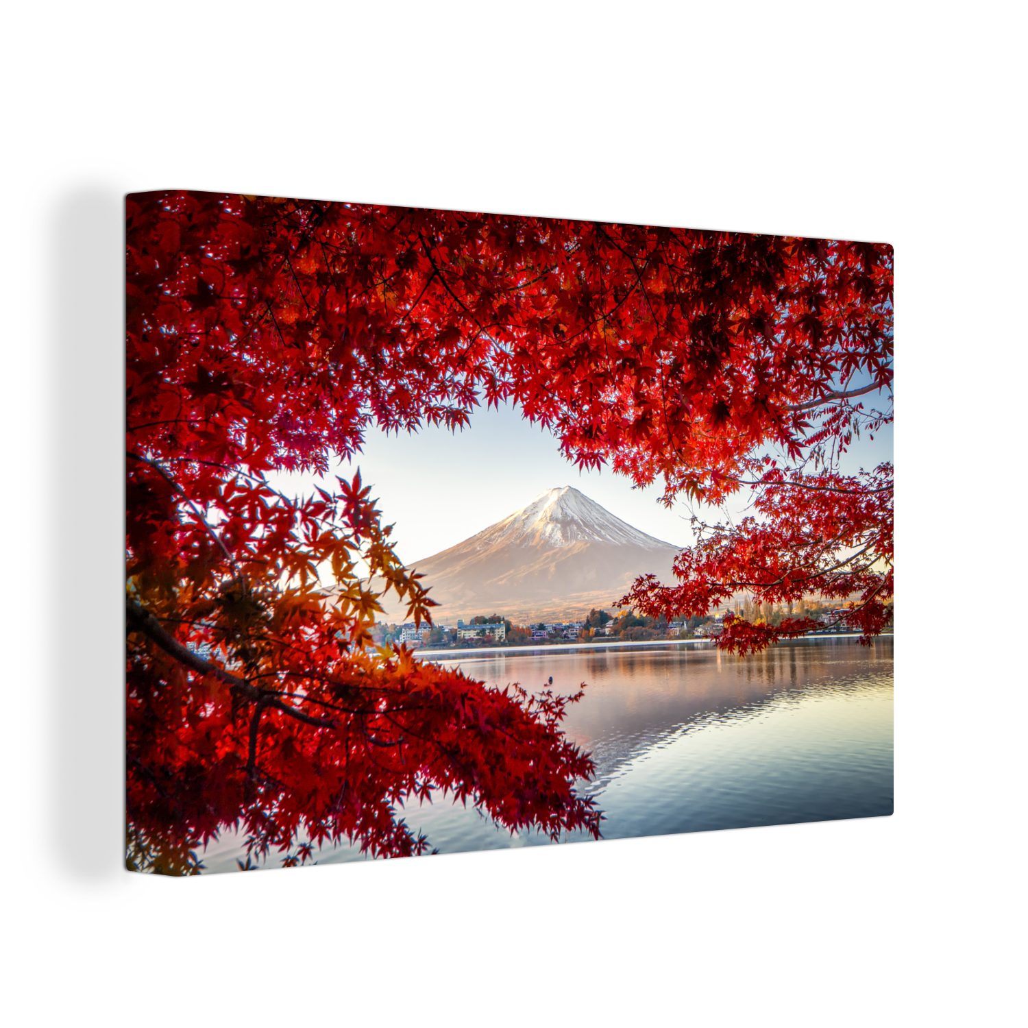 OneMillionCanvasses® Leinwandbild Der Berg Fuji durch rote Blätter in Japan gesehen, (1 St), Wandbild für alle Wohnbereiche, Gemälde, XXL, großes, 120x80 cm