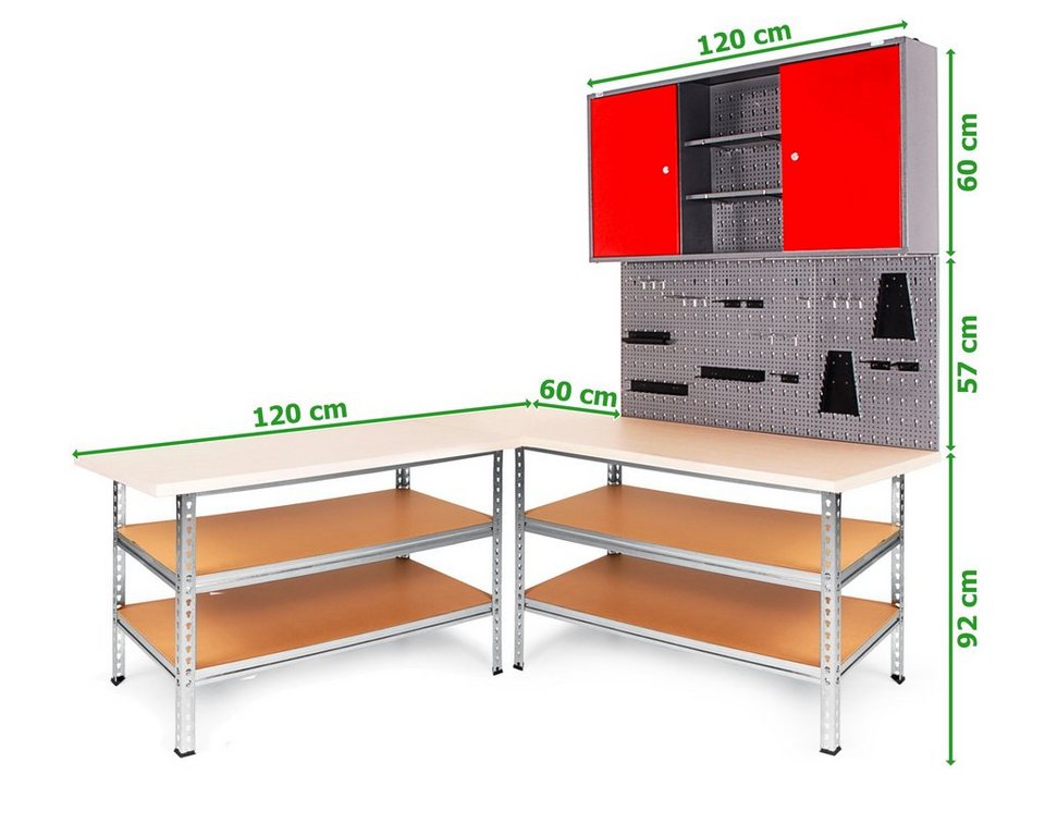 ONDIS24 Werkstatt-Set Ecklösung Sparfuchs-Uwe Premium 180 x 120 x 212 cm  (H), 2X Werkbank aus Metall, Werkzeugschrank 120 cm, Lochwand