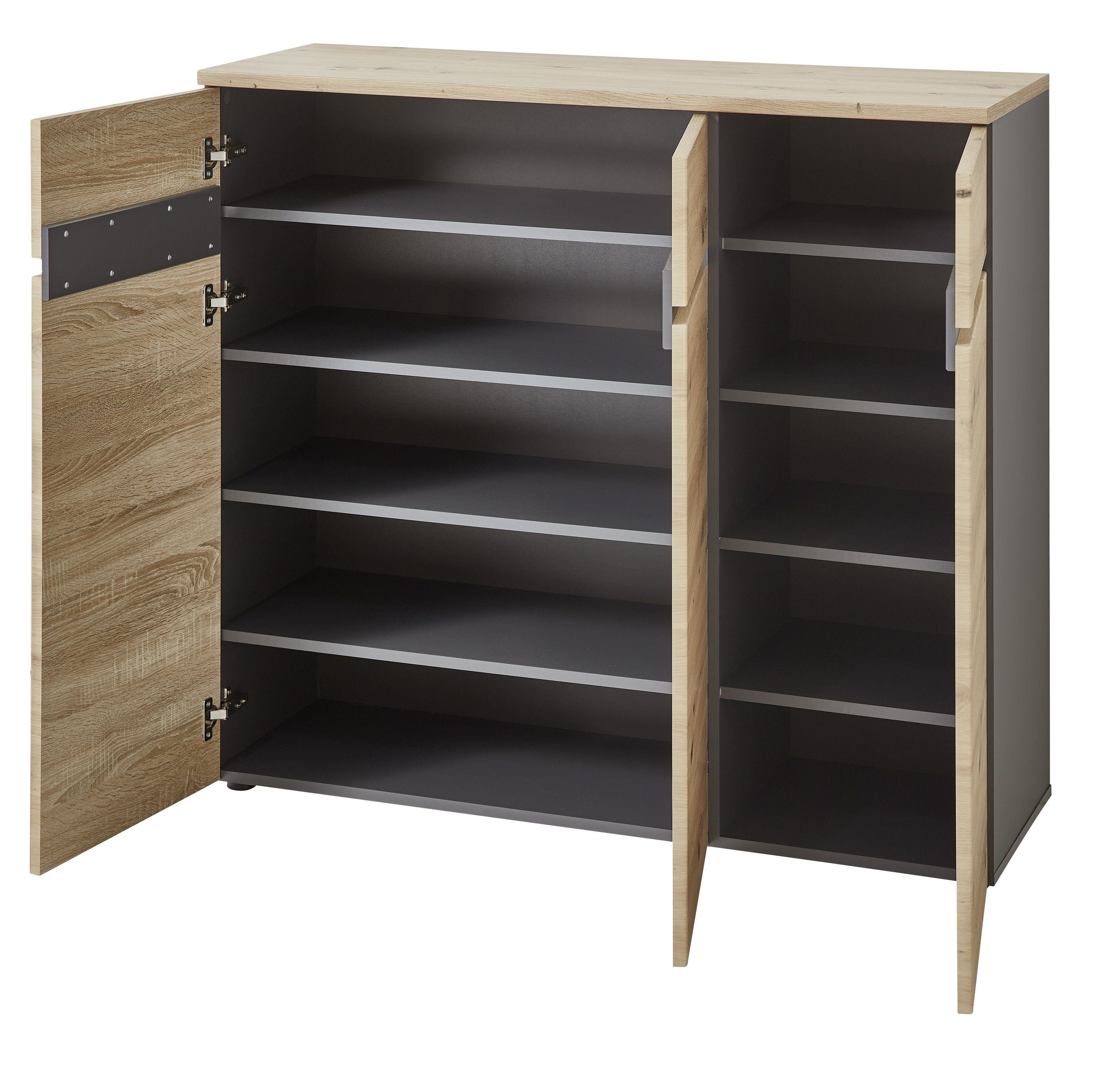 möbelando Schuhschrank "Meagan II" Moderner Schuhschrank, Korpus aus Spanplatte in Graphit, Front aus MDF in Artisan Eiche Nachbildung mit 3 Holztüren und 8 Einlegeböden. Breite 120 cm, Höhe 107 cm, Tiefe 38 cm