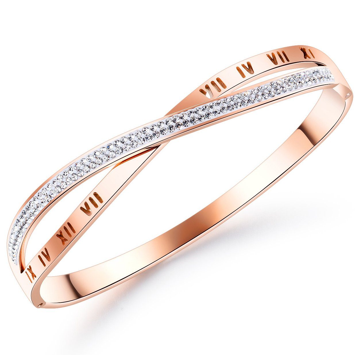 Haiaveng Armkette Rose Gold plattiert gekreuzte X-Form Armband mit Diamanten, Römische Ziffern Titanium Damenarmband