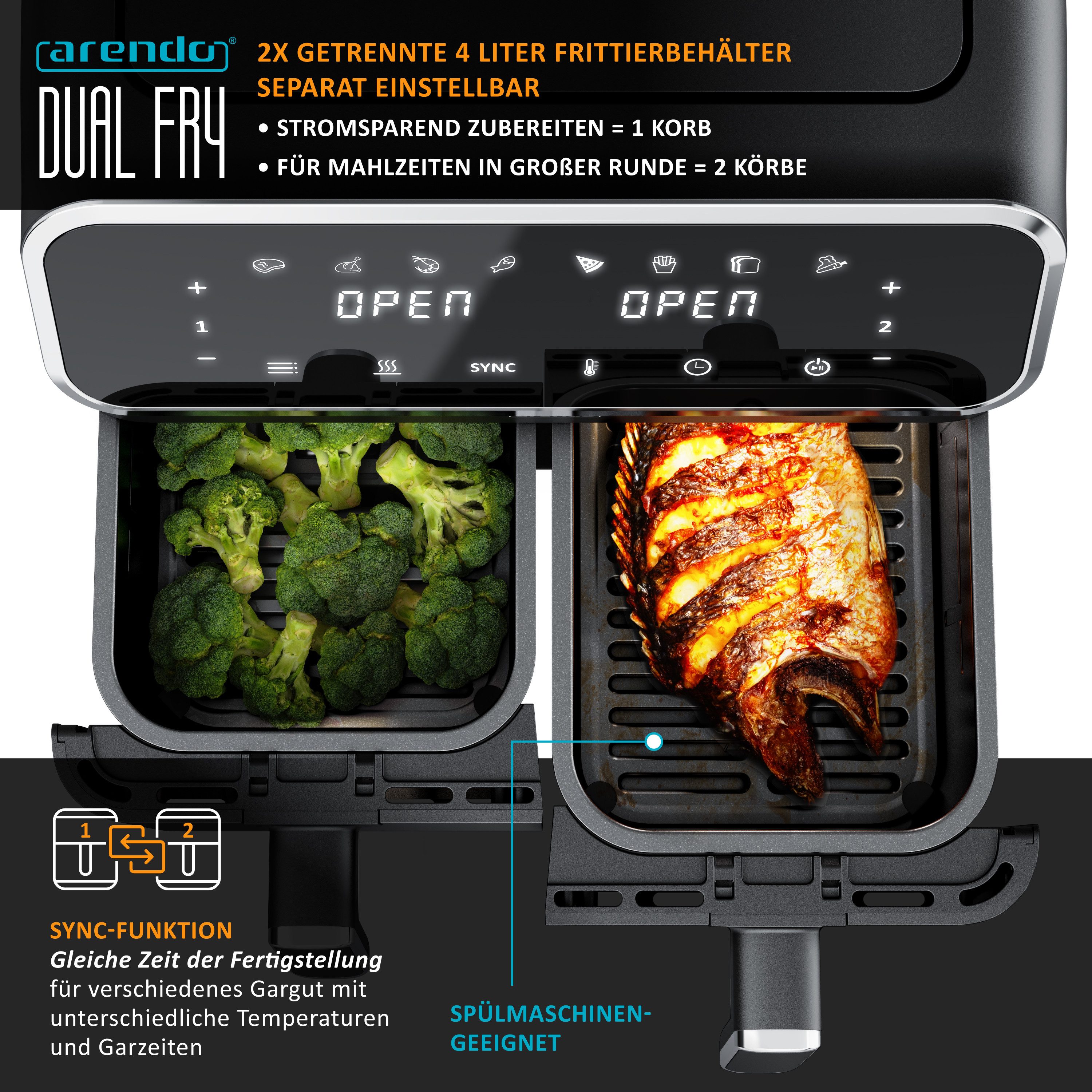 Arendo Heißluftfritteuse XXL Doppelkammer Airfryer 8L, Dual Zone, Backofen, Edelstahl, 2700 W, mit Zubehör, 2 kleine Kammern, Umluftsystem, fettarmes gesundes K – Bild 4 von 5
