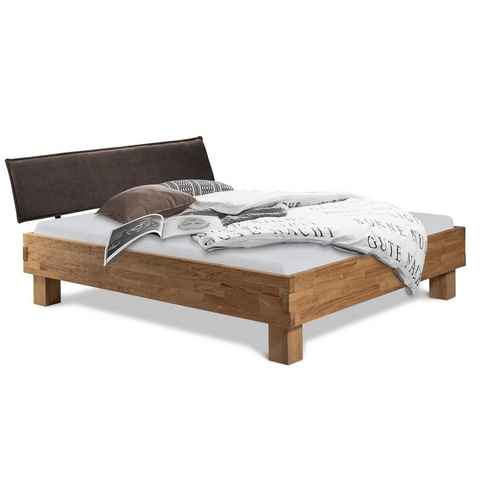 Moebel-Eins Massivholzbett, CORDINO 4-Fuß-Bett mit Polster-Kopfteil, Material Massivholz, Eiche gehackt