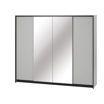 Compleo Kleiderschrank MIYA viertürig, mit zwei Spiegel, Modern Schlafzimmer Breite 250 cm, Geräumige Regale, Grau/schwarz