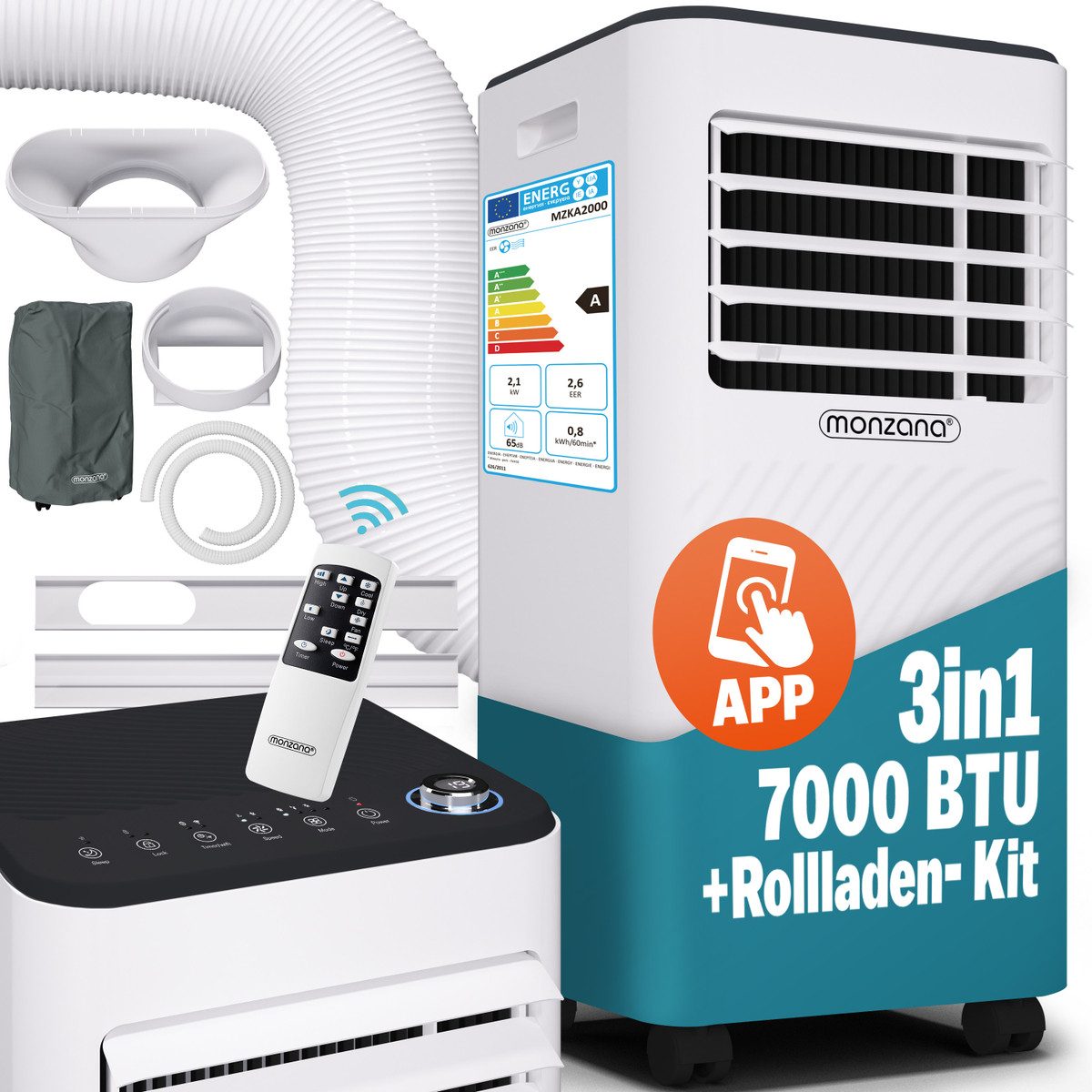 monzana Klimagerät, 7000BTU 3in1 750W Timer Fernbedienung mobile Klimaanlage Luftkühler