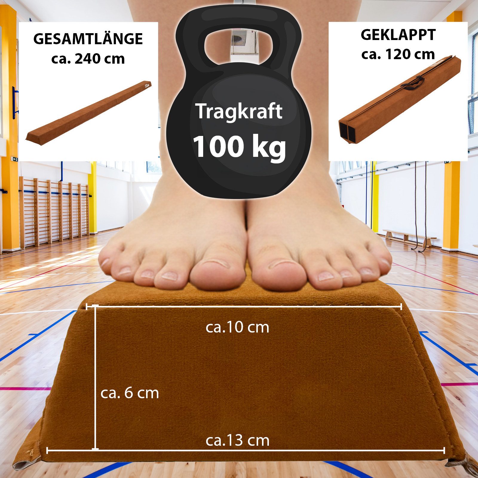 TRUTZHOLM Balanceboard Schwebebalken 240 cm Turnbalken inkl.Tragetasche Balancierbalken Braun, klappbar, tragbar, bodennah, kombinierbar