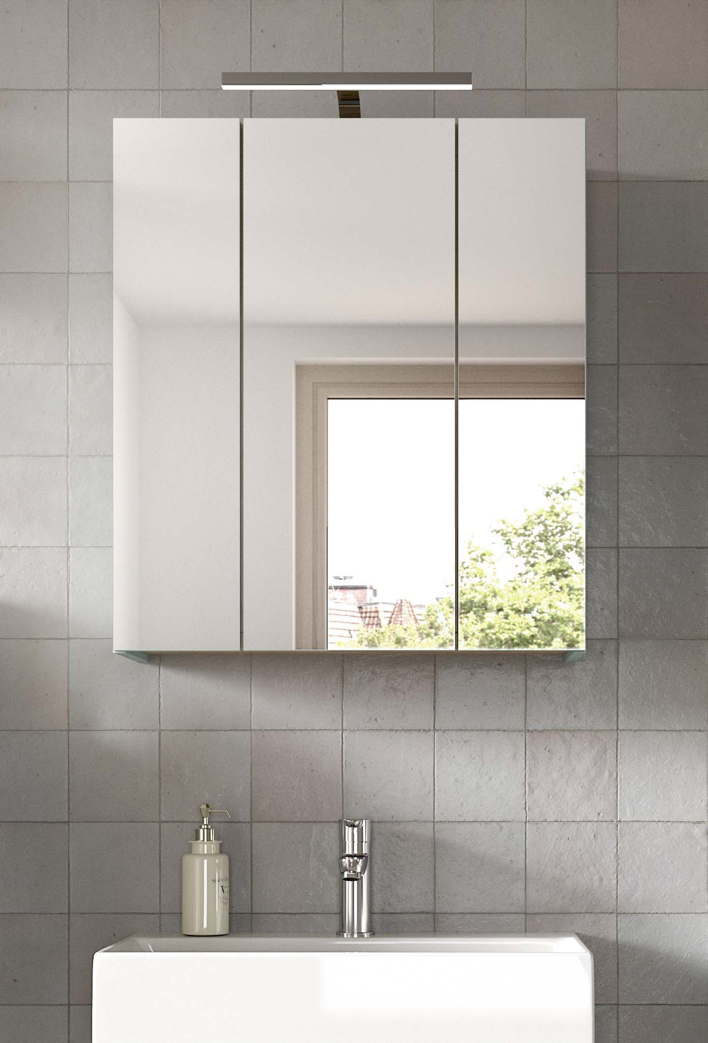 welltime Spiegelschrank MINTTU, Breite 60cm, inkl. Beleuchtung, 3 Spiegeltüren, 6 Einlegeböden (Türanschlag der mittleren Tür rechts und links montierbar) Badmöbel, Spiegel, Badschrank, Bad