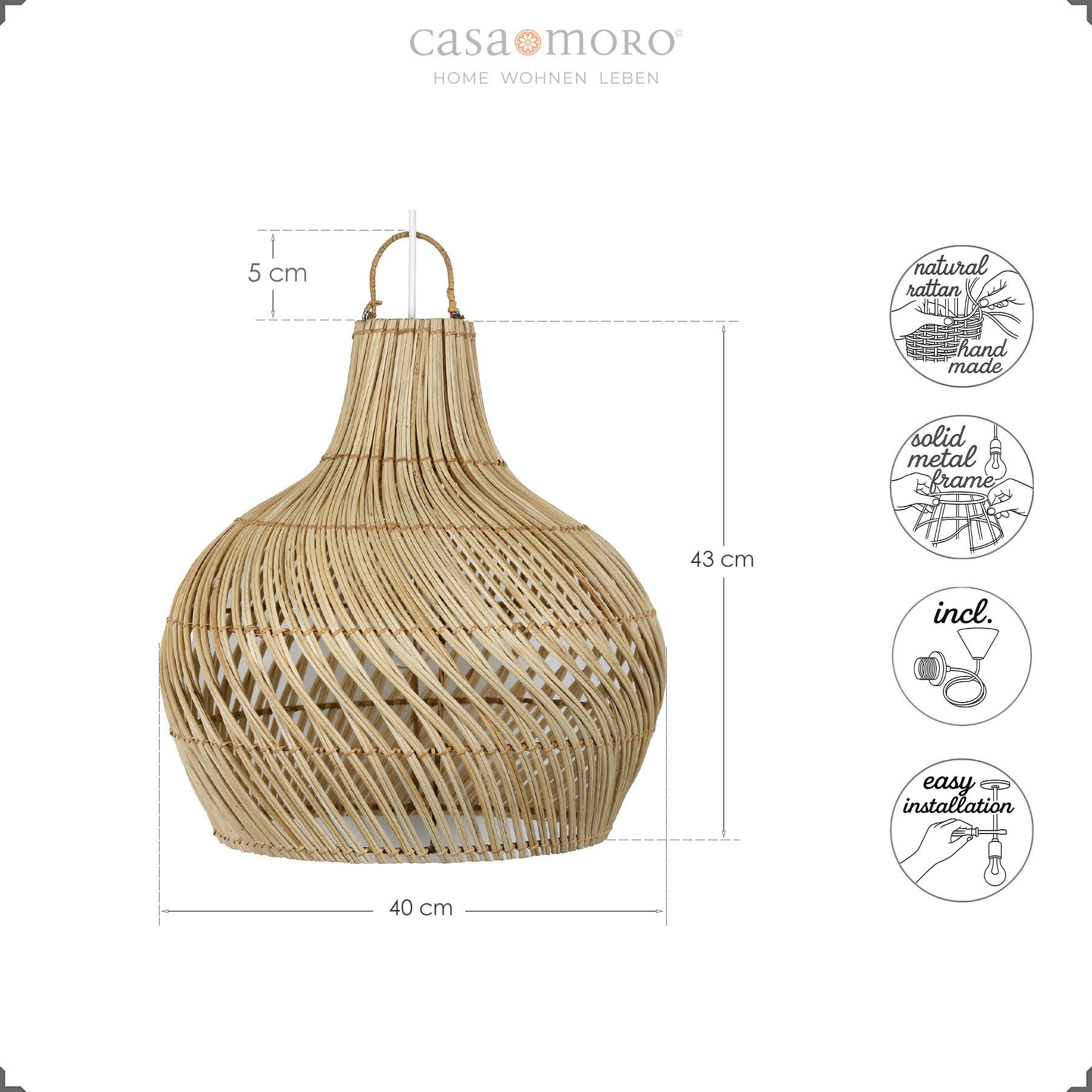 Casa Moro Pendelleuchte Deckenlampe Rattan Natur – Hängelampe Ø 40 cm, ohne günstig online kaufen