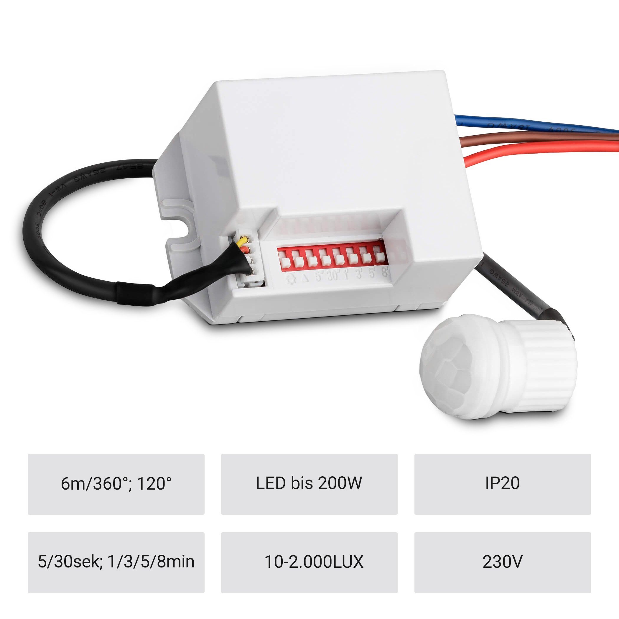SEBSON Bewegungsmelder Mini Einbau Infrarot Sensor - Programmierbar, Reichweite 6m / 360°, (1-St), LED geeignet 200W, 3 Draht, Schalter 56x37x26mm, Sensor Ø18x25mm