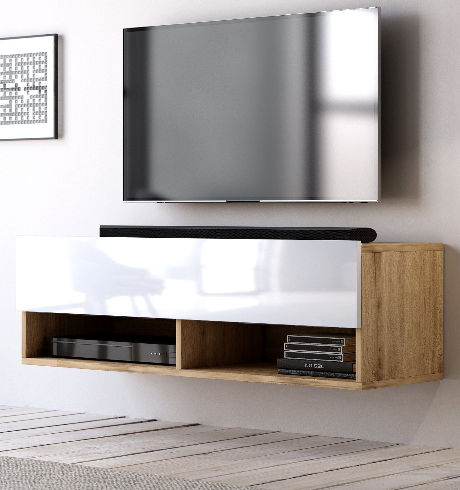 GuenstigEinrichten Lowboard Epsom (Flat-TV Board in Wotan Eiche und weiß oder schwarz Hochglanz, 100 cm), hängend Weiß Hochglanz