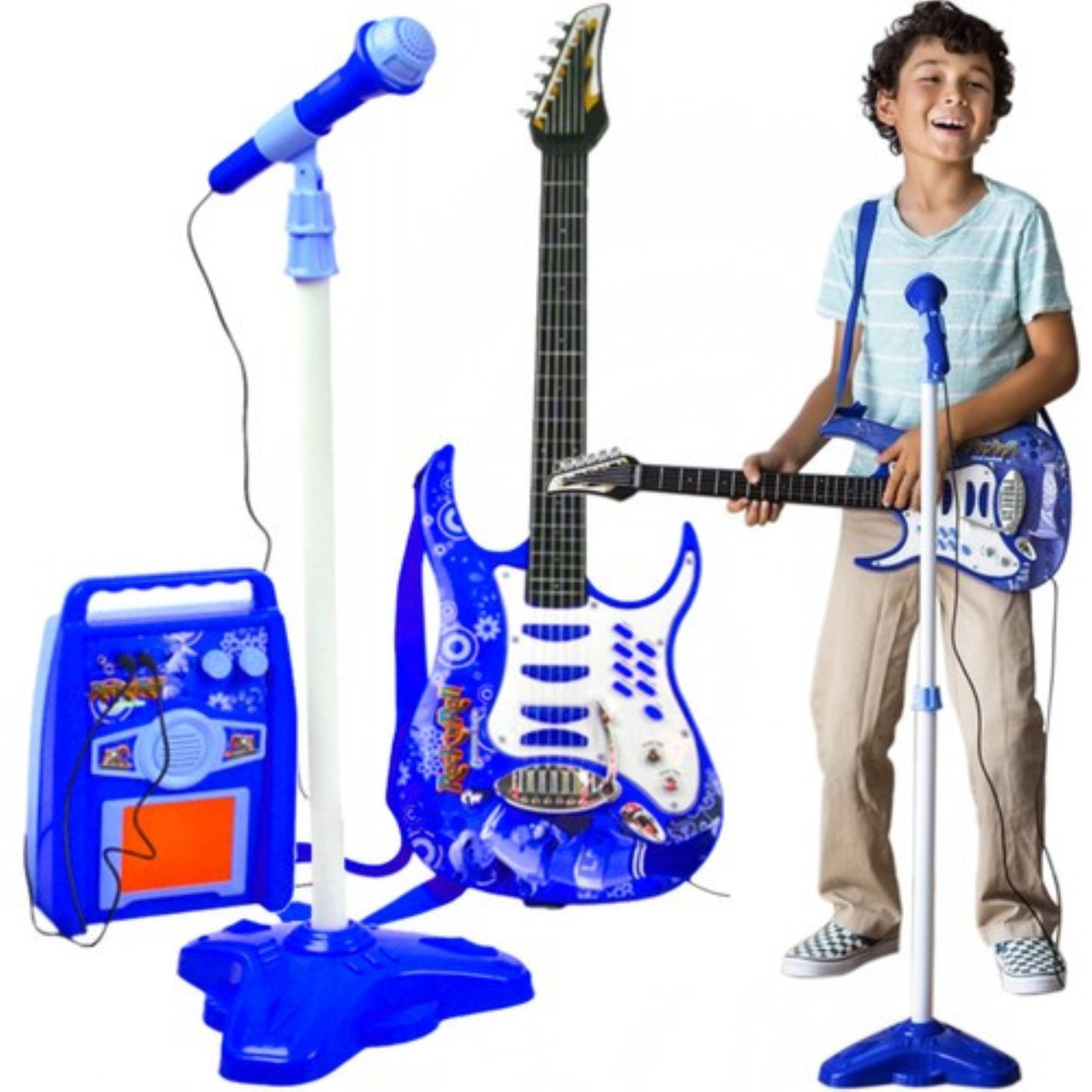 KRUZZEL Spiel-Gitarre Kinder Musikspielzeug Set Gitarre mit Verstärker Mikrofon blau, (Musikspielzeug Set mit Kinder Gitarre Verstärker Mikrofon blau, MP3-Anschluss Mikrofon Ein- und Ausschalter Blinkende Lichteffekte), MP3-Anschluss Mikrofon Ein- und Ausschalter Blinkende Lichteffekte