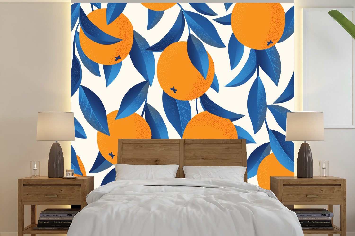 MuchoWow Fototapete Orange - Blau - Design, Matt, bedruckt, (5 St), Vinyl Tapete für Wohnzimmer oder Schlafzimmer, Wandtapete
